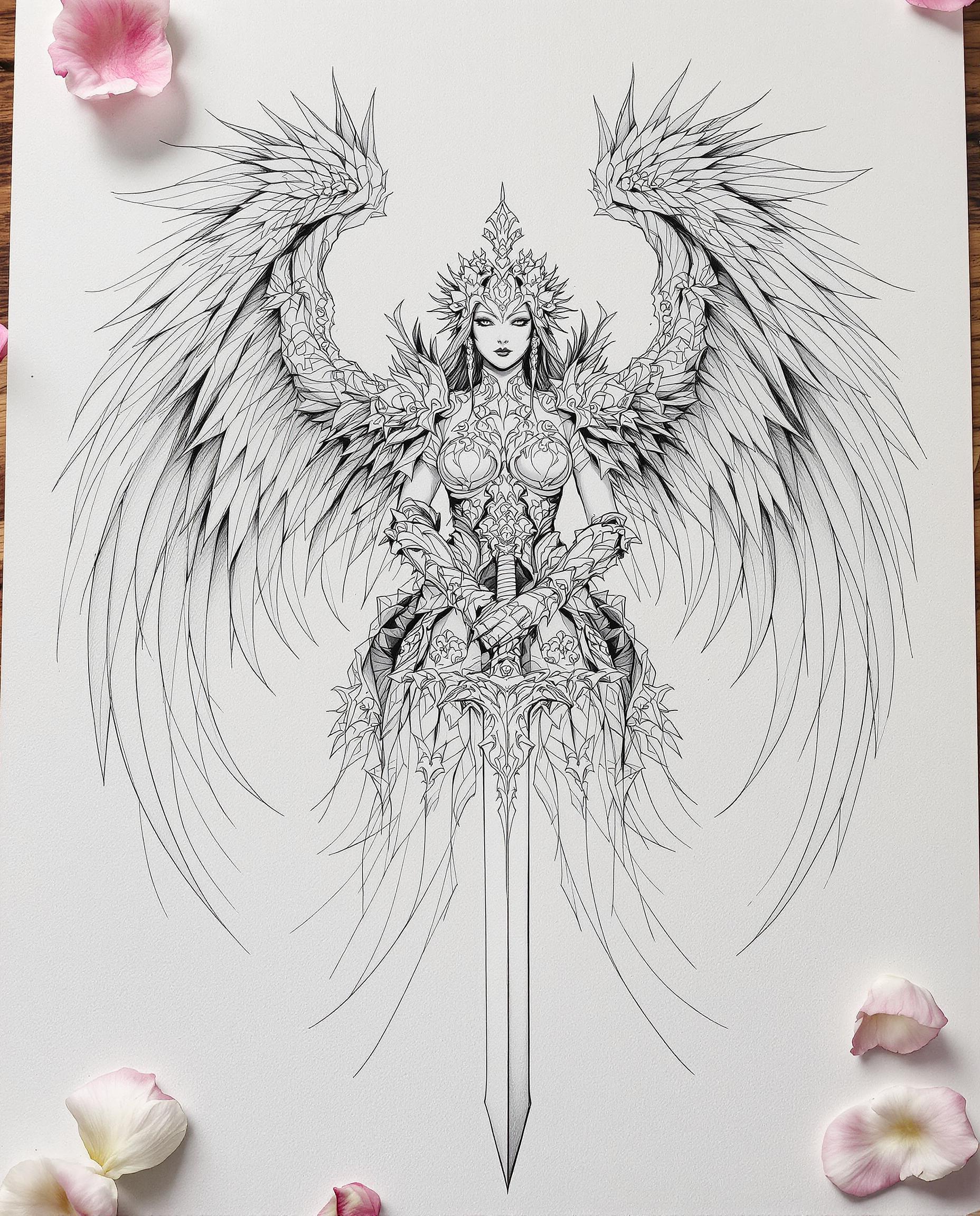 A highly detailed, photorealistic photograph of a monochromatic pencil drawing on textured paper, depicting a female warrior with gothic fantasy elements, her ornate armor adorned with intricate floral and feather motifs, large feathered wings spread translucently behind her filtering soft light, and two elaborate swords crossed in her hands. The composition emphasizes fine line work and shading for depth, set against a minimalistic background of scattered petals and leaves with veined textures, captured with a DSLR camera in 8K resolution and cinematic lighting for an ethereal atmosphere.