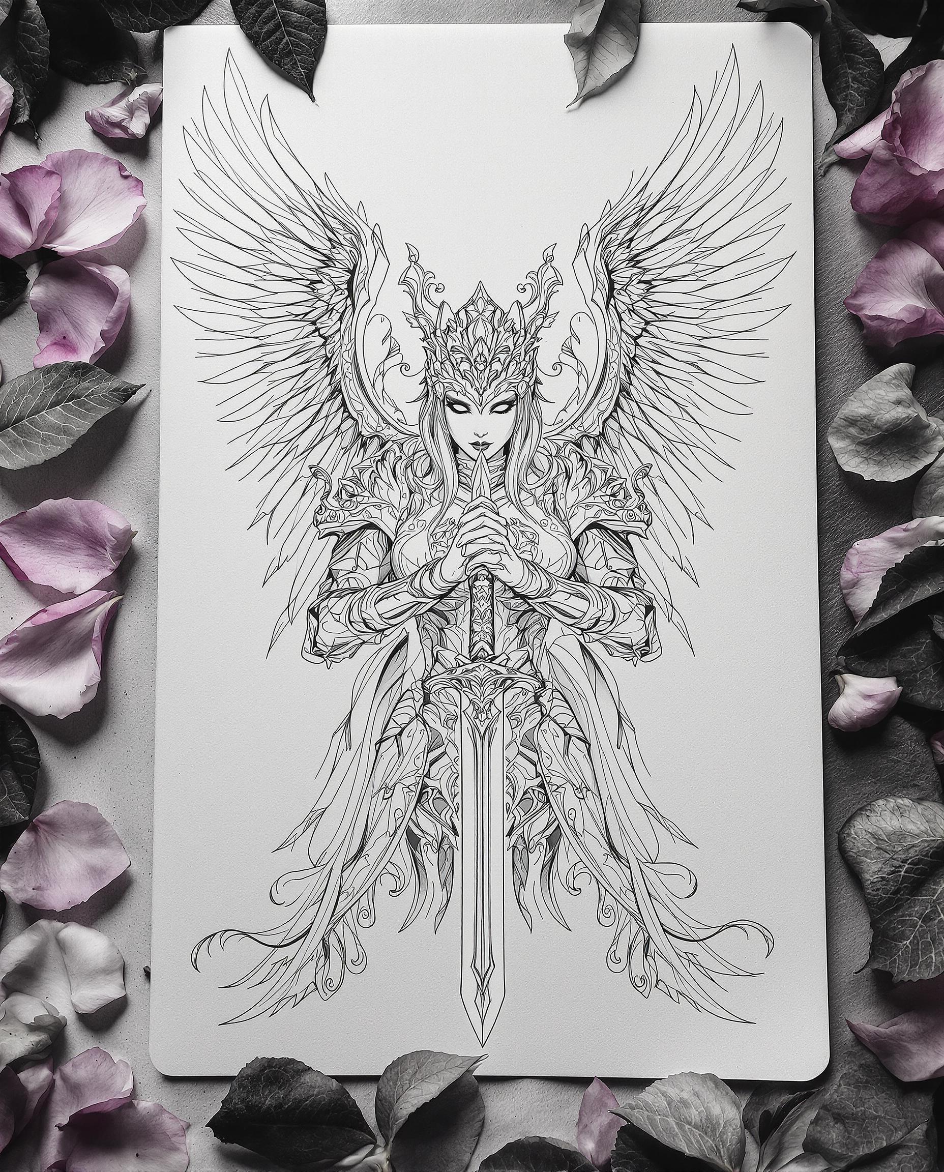 A highly detailed, photorealistic photograph of a monochromatic pencil drawing on textured paper, depicting a female warrior with gothic fantasy elements, her ornate armor adorned with intricate floral and feather motifs, large feathered wings spread translucently behind her filtering soft light, and two elaborate swords crossed in her hands. The composition emphasizes fine line work and shading for depth, set against a minimalistic background of scattered petals and leaves with veined textures, captured with a DSLR camera in 8K resolution and cinematic lighting for an ethereal atmosphere.
