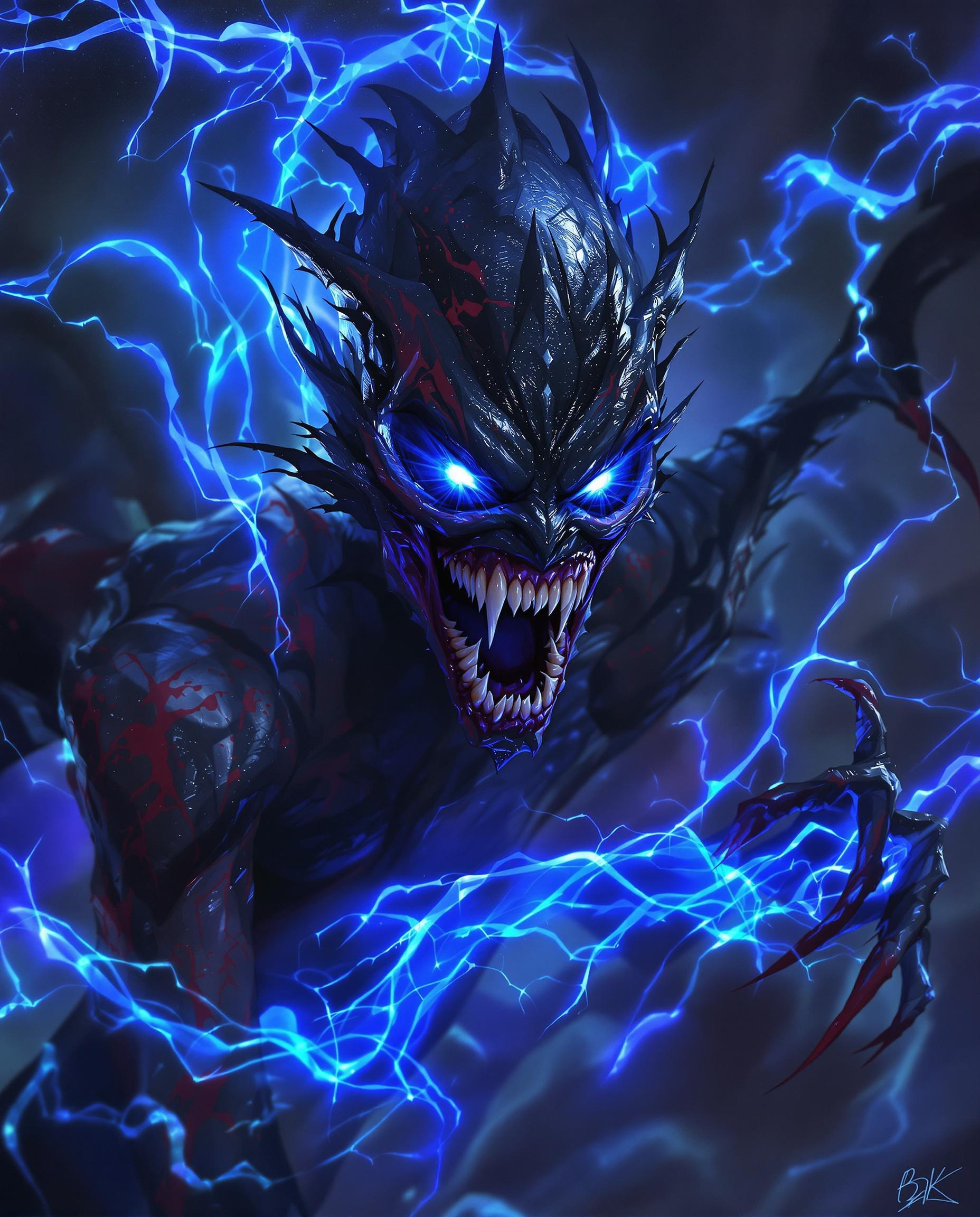 A photorealistic digital painting of a menacing female humanoid creature in a high fantasy horror style, her elongated sharp features and dark viscous skin textured with red splatters, glowing electric blue eyes piercing through deep black shadows, wide-open mouth revealing rows of sharp teeth. Surrounding her are dynamic tendrils of vibrant blue energy with jagged edges, intertwining fluidly with her limbs, creating an otherworldly atmosphere of power and dread, captured with dramatic cinematic lighting, shallow depth of field, and intricate 8K details.