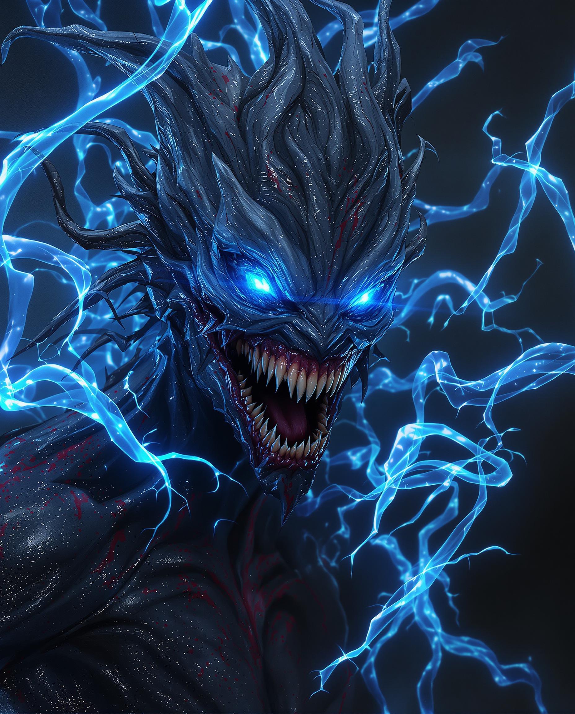 A photorealistic digital painting of a menacing female humanoid creature in a high fantasy horror style, her elongated sharp features and dark viscous skin textured with red splatters, glowing electric blue eyes piercing through deep black shadows, wide-open mouth revealing rows of sharp teeth. Surrounding her are dynamic tendrils of vibrant blue energy with jagged edges, intertwining fluidly with her limbs, creating an otherworldly atmosphere of power and dread, captured with dramatic cinematic lighting, shallow depth of field, and intricate 8K details.