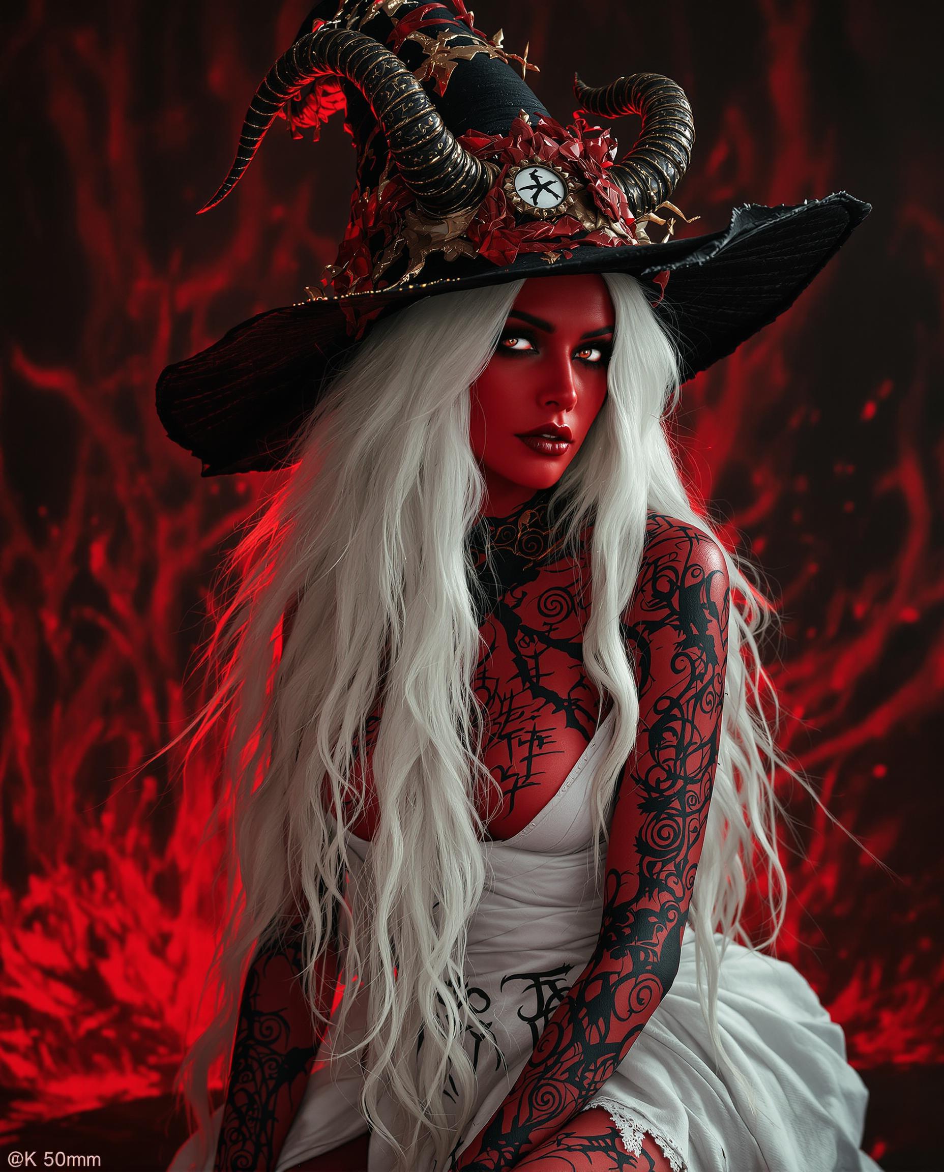 A highly detailed photorealistic photograph of a real female person embodying a gothic witch, with deep red skin contrasting her long flowing white hair, captured in dramatic cinematic lighting with intricate shadows and textures. She wears a wide-brimmed black hat adorned with tattered red and gold ornaments and horns, paired with a white garment wrapped around her body, revealing bare arms and legs decorated in swirling black and red rune-like patterns. The background swirls with red and black masses evoking a stormy portal, in 8K resolution with shallow depth of field from a 50mm lens.