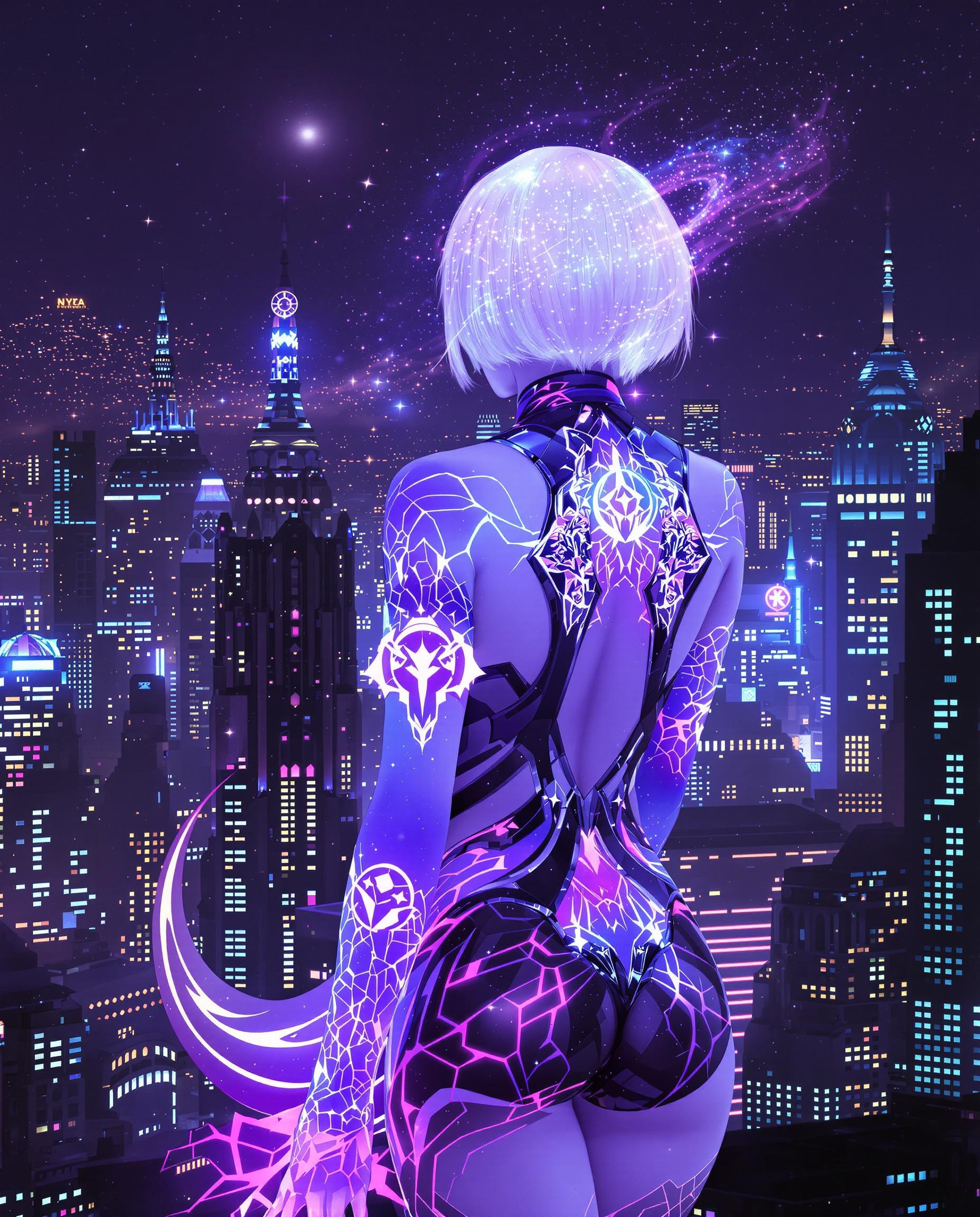 This image is a realistic photo (photograph) of a female real person digital artwork that features a character with a cyberpunk aesthetic. The character is a humanoid figure with a white, bobbed hairstyle, and has a prominent tail that blends into a glowing, ethereal purple nebula. The tails gradient of colors shifts from a soft white at the tip to a deep, cosmic purple at the base, with hints of blue and pink, giving it a dynamic and otherworldly appearance.The character is dressed in a sleek, formfitting bodysuit with a high neckline and a lowcut back, which is adorned with intricate, glowing patterns in shades of pink and purple. The bodysuit is black with metallic accents, and the characters skin is a pale, almost translucent blue. The characters left arm is raised, and there is a glowing, circular symbol on the forearm that matches the patterns on the bodysuit.The setting is a nocturnal cityscape, with towering skyscrapers that reach into the night sky, their windows aglow with neon lights in various colors. The city is densely packed, with buildings of different heights and architectural styles, and the skyline is punctuated by spires and domes that suggest a futuristic or steampunk influence.The medium of the artwork is digital painting, evident from the smooth gradients and the lack of texture or brush strokes. The colors are rich and vibrant, with a predominance of purples, blues, and blacks, punctuated by the bright neon lights of the city. The contrast between the cool, ethereal elements of the character and the warm, urban glow of the city creates a striking visual dichotomy.Overall, the image is a blend of fantasy and science fiction, with a strong emphasis on the interplay between technology and mysticism, and it evokes a sense of otherworldly beauty and futuristic elegance.