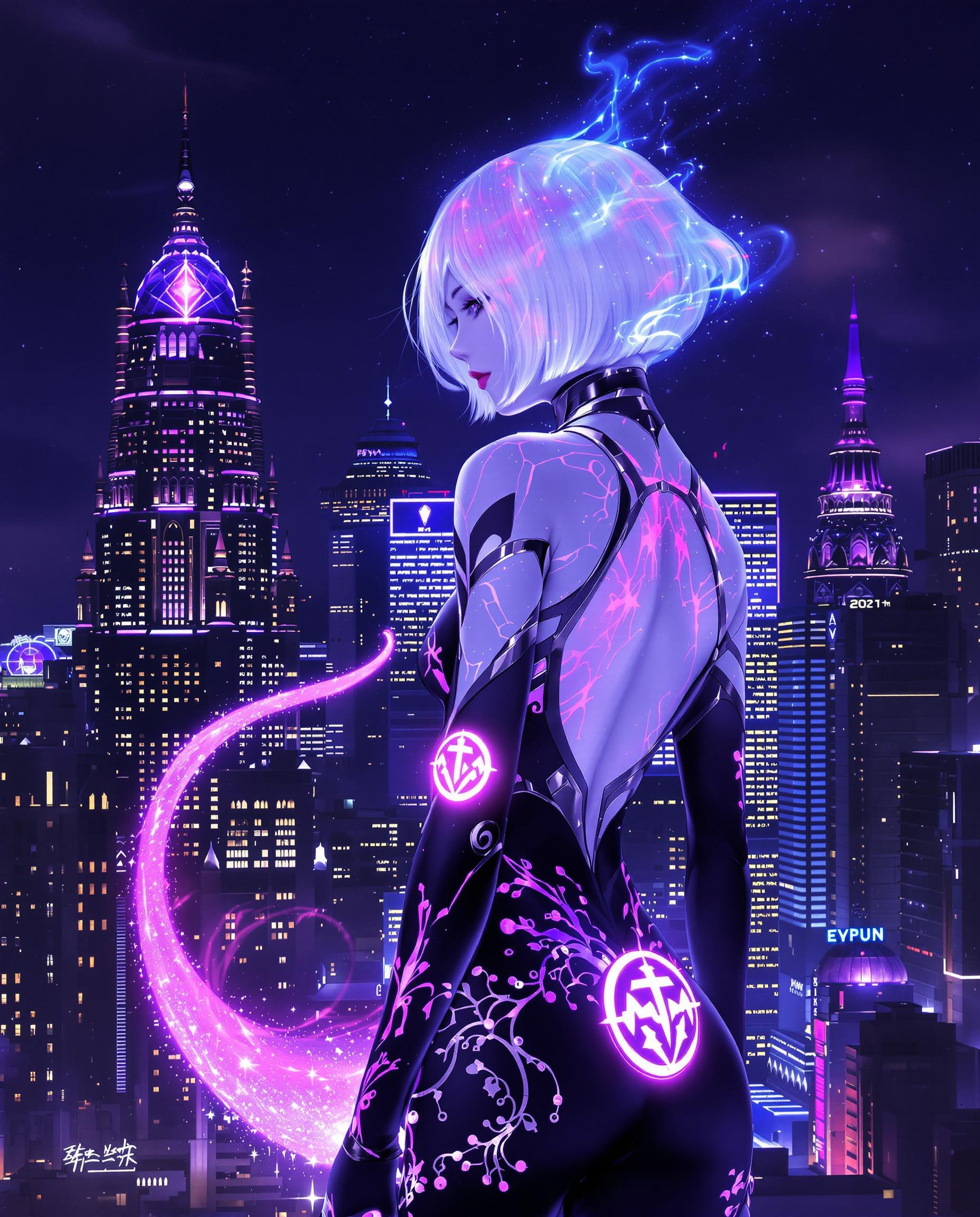 This image is a realistic photo (photograph) of a female real person digital artwork that features a character with a cyberpunk aesthetic. The character is a humanoid figure with a white, bobbed hairstyle, and has a prominent tail that blends into a glowing, ethereal purple nebula. The tails gradient of colors shifts from a soft white at the tip to a deep, cosmic purple at the base, with hints of blue and pink, giving it a dynamic and otherworldly appearance.The character is dressed in a sleek, formfitting bodysuit with a high neckline and a lowcut back, which is adorned with intricate, glowing patterns in shades of pink and purple. The bodysuit is black with metallic accents, and the characters skin is a pale, almost translucent blue. The characters left arm is raised, and there is a glowing, circular symbol on the forearm that matches the patterns on the bodysuit.The setting is a nocturnal cityscape, with towering skyscrapers that reach into the night sky, their windows aglow with neon lights in various colors. The city is densely packed, with buildings of different heights and architectural styles, and the skyline is punctuated by spires and domes that suggest a futuristic or steampunk influence.The medium of the artwork is digital painting, evident from the smooth gradients and the lack of texture or brush strokes. The colors are rich and vibrant, with a predominance of purples, blues, and blacks, punctuated by the bright neon lights of the city. The contrast between the cool, ethereal elements of the character and the warm, urban glow of the city creates a striking visual dichotomy.Overall, the image is a blend of fantasy and science fiction, with a strong emphasis on the interplay between technology and mysticism, and it evokes a sense of otherworldly beauty and futuristic elegance.