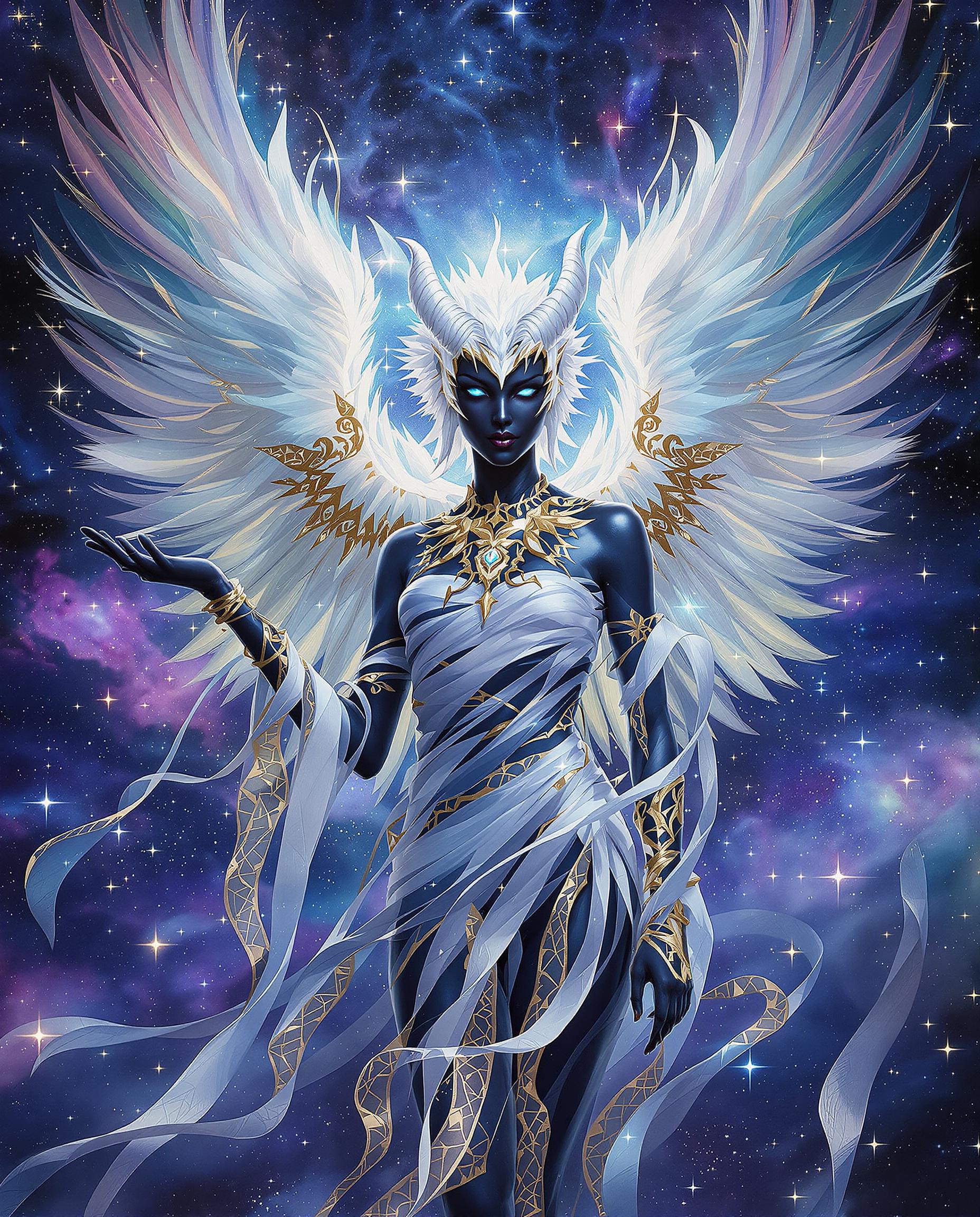This is a realistic photo (photograph) of a female real person image that exudes a sense of fantasy and otherworldliness. The art style is reminiscent of digital painting, with a high level of detail and attention to texture and color. The medium appears to be a digital canvas, allowing for a smooth blend of colors and a seamless transition between elements.The colors in the image are rich and vibrant, with a predominance of blues and purples that give the piece a cosmic and ethereal quality. The blues range from deep navy to light sky blue, with various shades of purple adding depth and contrast. There are also touches of gold and white, which provide a warm, luminous contrast to the cool tones.The objects in the image are numerous and intricate. At the center, there is a figure that seems to be a fusion of human and celestial elements. The figure has a humanoid form with a slender, elongated torso and limbs that taper towards the ends. The skin of the figure is a deep, glossy black, which stands out against the surrounding cosmic backdrop.The figures head is adorned with a white, horned headdress that seems to be made of feathers or some other soft, organic material. The horns are curved and taper towards the tips, giving the figure a regal and powerful presence. The figures eyes are a piercing blue, which seem to glow with an inner light.The figures arms are raised, and one hand is extended, palm up, as if in a gesture of command or invitation. The other hand is clenched into a fist, which adds to the dynamic posture of the figure. The fingers of the extended hand are adorned with rings, which are detailed with intricate designs and set with what appear to be precious stones.The figures body is wrapped in a flowing garment that seems to be made of a translucent, ribbonlike material. The garment is adorned with golden patterns and embellishments that shimmer against the cosmic backdrop. The ribbons cascade down the figures body, creating a sense of movement and fluidity.The figures wings are expansive and feathered, with a gradient of colors that blend from the deep blue of the figures skin to the lighter hues of the surrounding space. The wings are adorned with golden patterns and embellishments, which catch the light and reflect the cosmic energy around them.The background of the image is a swirling cosmos, filled with stars and nebulae. The stars twinkle with a soft, gentle light, while the nebulae are a tapestry of blues, purples, and whites, with streaks of gold and silver that suggest the movement of cosmic dust and gas. The swirling patterns and the interplay of light and shadow give the impression of a vast, infinite universe.Overall, the image is a stunning representation of fantasy and cosmic wonder, with a figure that seems to be a powerful being, perhaps a deity or an angel, commanding the forces of the universe. The attention to detail and the use of color and texture create a sense of depth and realism, making the viewer feel as if they are peering into a realm beyond our own.