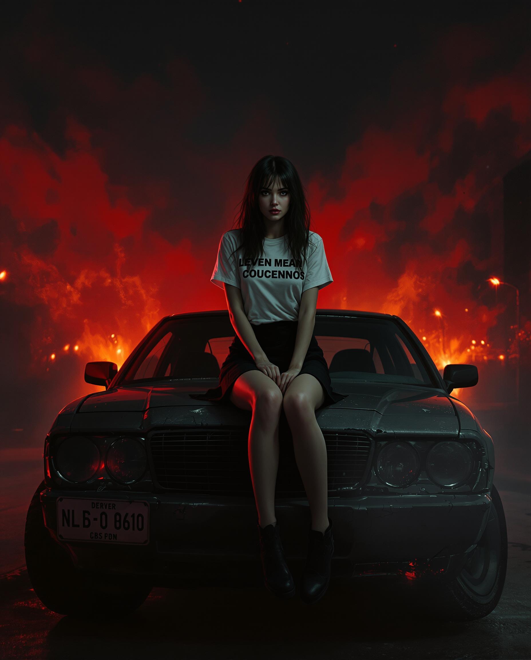 This image is a realistic photo (photograph) of a female real person digital illustration that captures a scene with a dramatic and moody atmosphere. The art style is realistic. The medium appears to be a digital painting, given the smooth blending of colors and the lack of texture that might be present in traditional mediums.The colors in the image are quite rich and saturated, with a predominance of dark tones that give the scene a nightmarish or apocalyptic vibe. The reds and oranges in the background suggest a fiery or burning quality, while the blacks and grays of the car and the characters clothing create a stark contrast. The use of these colors is quite effective in setting the mood and drawing the viewers attention to the central figure.The objects in the image are quite minimalistic but play a significant role in the composition. The central figure is a person with long, dark hair, wearing a white Tshirt with black text and a black skirt. The person is seated on the hood of a car, which is the most prominent object in the scene. The car is black, with a noticeable amount of damage, including cracks and scrapes, and it has a somewhat weathered appearance. The cars headlights and grille are prominent, and the reflection of the headlights on the hood adds depth to the scene.The setting appears to be an empty street at night, with the glow of distant lights in the background, which could be from buildings or vehicles. The street is empty, with no other people or vehicles in sight, which adds to the sense of isolation and foreboding in the scene.Overall, the image is a powerful piece of digital art that uses color, composition, and subject matter to create a compelling and atmospheric scene.