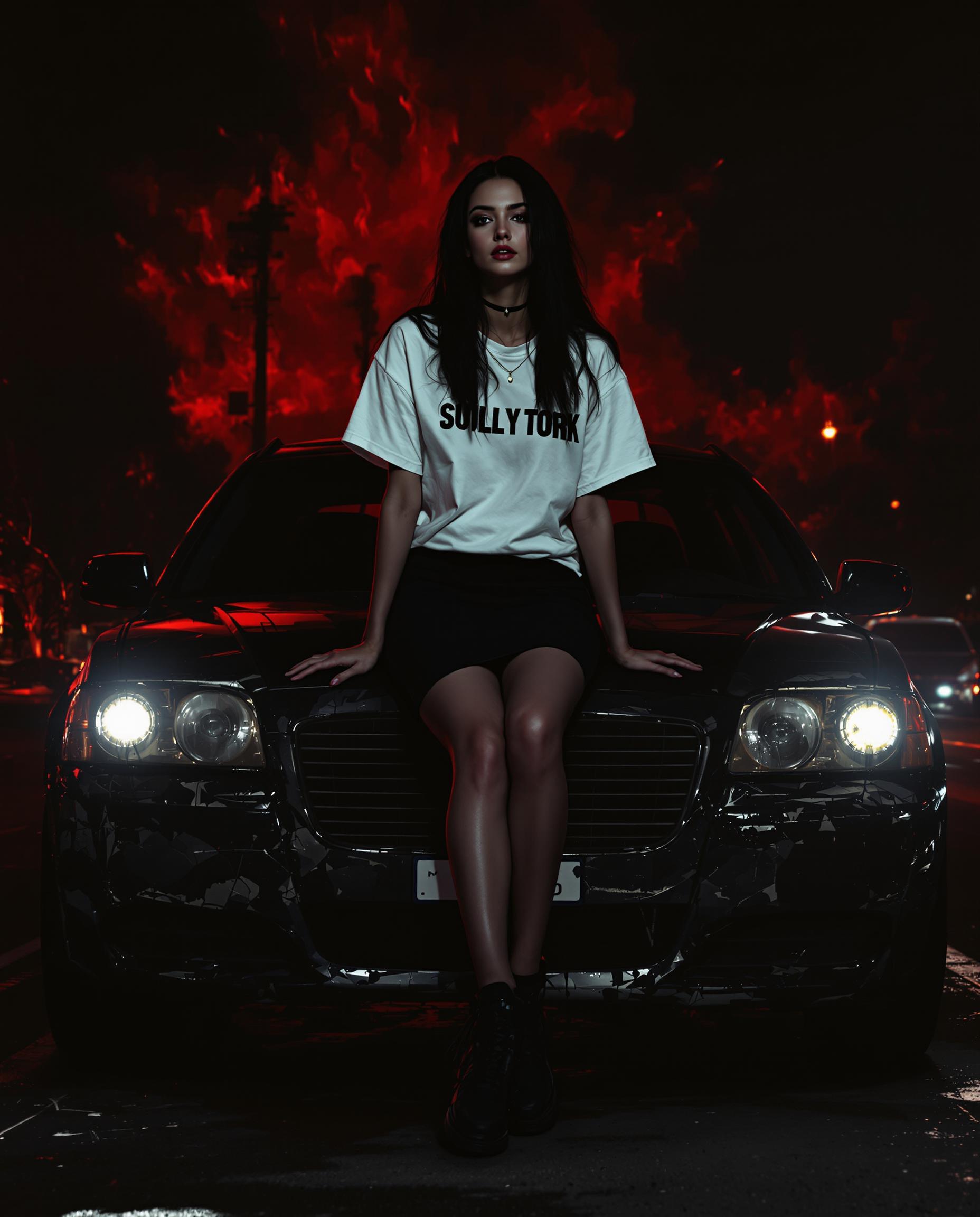 This image is a realistic photo (photograph) of a female real person digital illustration that captures a scene with a dramatic and moody atmosphere. The art style is realistic. The medium appears to be a digital painting, given the smooth blending of colors and the lack of texture that might be present in traditional mediums.The colors in the image are quite rich and saturated, with a predominance of dark tones that give the scene a nightmarish or apocalyptic vibe. The reds and oranges in the background suggest a fiery or burning quality, while the blacks and grays of the car and the characters clothing create a stark contrast. The use of these colors is quite effective in setting the mood and drawing the viewers attention to the central figure.The objects in the image are quite minimalistic but play a significant role in the composition. The central figure is a person with long, dark hair, wearing a white Tshirt with black text and a black skirt. The person is seated on the hood of a car, which is the most prominent object in the scene. The car is black, with a noticeable amount of damage, including cracks and scrapes, and it has a somewhat weathered appearance. The cars headlights and grille are prominent, and the reflection of the headlights on the hood adds depth to the scene.The setting appears to be an empty street at night, with the glow of distant lights in the background, which could be from buildings or vehicles. The street is empty, with no other people or vehicles in sight, which adds to the sense of isolation and foreboding in the scene.Overall, the image is a powerful piece of digital art that uses color, composition, and subject matter to create a compelling and atmospheric scene.