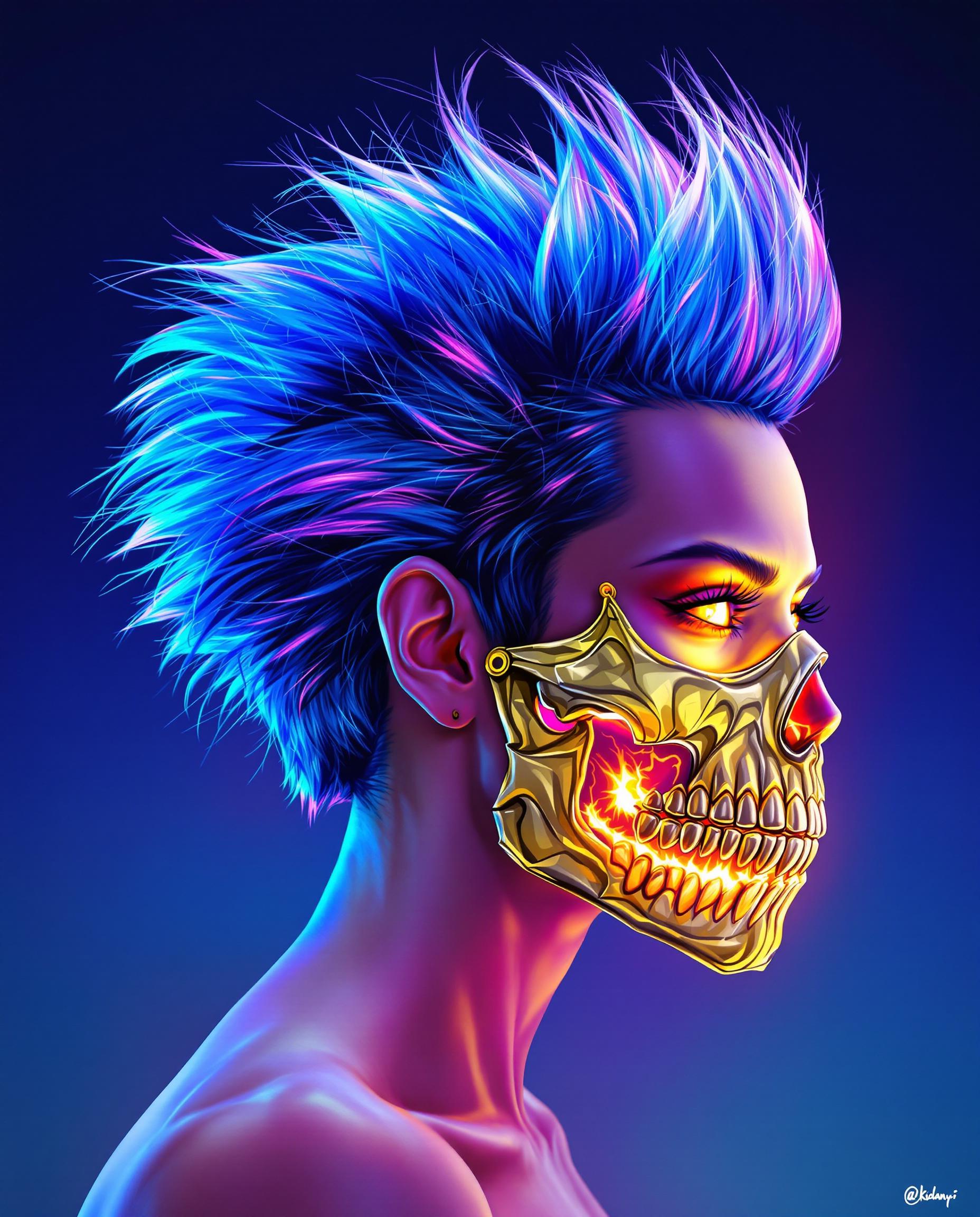 This is a realistic photo (photograph) of a female real person image that features a dynamic and stylized representation of a real person. The person is depicted in profile, with the focus on their intense gaze and the dramatic transformation of their hair and features.The art style is highly detailed and vibrant, with a strong emphasis on color and light. The medium appears to be digital, given the smooth gradients and the clarity of the lines and shading. The use of light and shadow is particularly effective, creating a sense of depth and movement within the image.The colors are bold and saturated, with a predominance of blues and purples that give the image a cool, almost icy feel. The persons hair transitions from a deep, almost navy blue at the roots to a bright, neon blue at the tips, with streaks of white and pink that suggest a high level of energy or power. The hair is styled in a wild, spiky fashion, with individual strands highlighted and shaded to give it volume and texture.The persons face is partially obscured by a skeletal mask that covers the lower half, with sharp teeth bared and eyes glowing with an intense, fiery light. The mask is detailed with intricate lines and shading that give it a threedimensional appearance, and the transition from the persons skin to the mask is seamless, indicating a high level of skill in the digital painting process.The objects in the image are minimal but impactful. The skeletal mask is the most prominent, serving as a central focus and a symbol of the persons transformation. The background is a simple gradient of blues, with no additional objects or persons, which keeps the attention on the persons powerful presence.Overall, the image exudes a sense of drama and intensity, with a strong emphasis on the persons transformation and the use of vibrant colors and light to create a visually striking and dynamic piece of art.