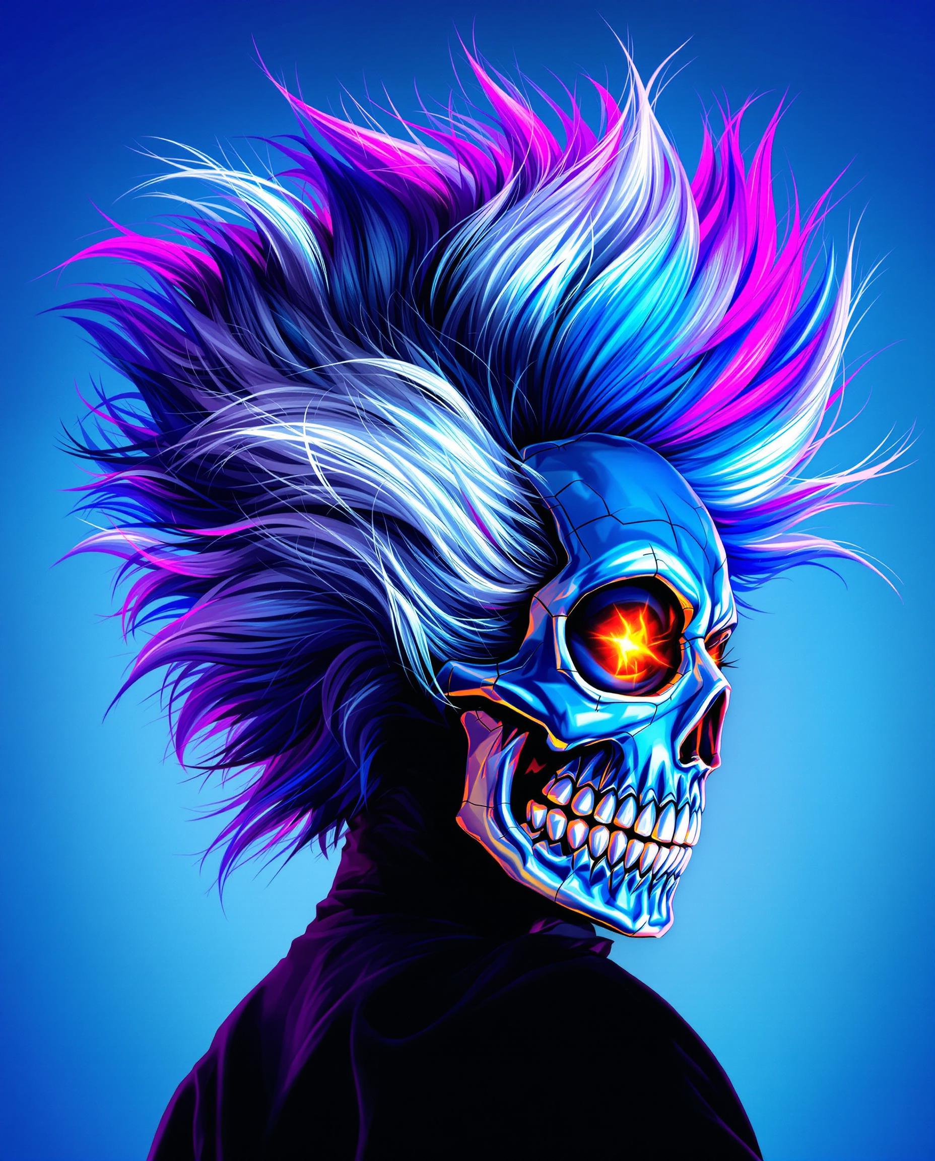This is a realistic photo (photograph) of a female real person image that features a dynamic and stylized representation of a real person. The person is depicted in profile, with the focus on their intense gaze and the dramatic transformation of their hair and features.The art style is highly detailed and vibrant, with a strong emphasis on color and light. The medium appears to be digital, given the smooth gradients and the clarity of the lines and shading. The use of light and shadow is particularly effective, creating a sense of depth and movement within the image.The colors are bold and saturated, with a predominance of blues and purples that give the image a cool, almost icy feel. The persons hair transitions from a deep, almost navy blue at the roots to a bright, neon blue at the tips, with streaks of white and pink that suggest a high level of energy or power. The hair is styled in a wild, spiky fashion, with individual strands highlighted and shaded to give it volume and texture.The persons face is partially obscured by a skeletal mask that covers the lower half, with sharp teeth bared and eyes glowing with an intense, fiery light. The mask is detailed with intricate lines and shading that give it a threedimensional appearance, and the transition from the persons skin to the mask is seamless, indicating a high level of skill in the digital painting process.The objects in the image are minimal but impactful. The skeletal mask is the most prominent, serving as a central focus and a symbol of the persons transformation. The background is a simple gradient of blues, with no additional objects or persons, which keeps the attention on the persons powerful presence.Overall, the image exudes a sense of drama and intensity, with a strong emphasis on the persons transformation and the use of vibrant colors and light to create a visually striking and dynamic piece of art.