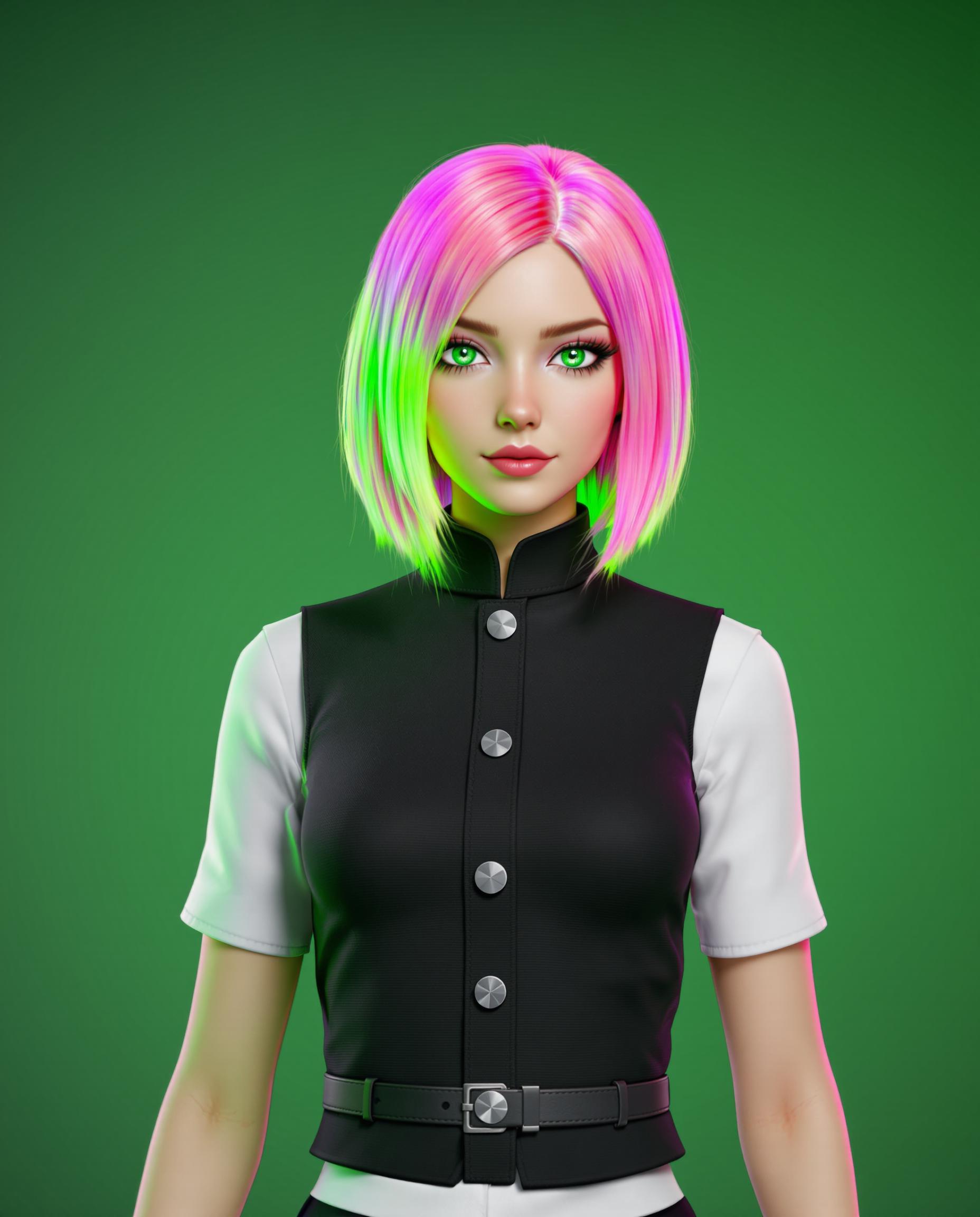 This image is a realistic photo (photograph) of a female real person digital artwork that showcases a highly detailed and realistic 3D rendering of a female figure. The art style is realistic, with a focus on the characters facial features and hair, which are rendered with a high level of detail and softness.The medium appears to be a computer generated 3D model, which is evident from the smooth texture and lighting of the characters skin, hair, and clothing. The rendering technique used gives the image a lifelike quality, with a high level of realism.The colors in the image are vibrant and wellbalanced. The characters hair is a gradient of pink and green, with the pink at the roots blending into a lighter shade towards the ends. The green at the ends of the hair is a bright, almost neon color that stands out against the pink. The characters eyes are a striking shade of green, with long, dark lashes and a hint of reflection that adds depth.The character is wearing a black and white outfit that appears to be a school uniform or a similar formal attire. The black part of the outfit is a fitted, buttoned vest with a high collar and a white shirt underneath. The white shirt has a neat, crisp appearance with a visible collar and buttons. The outfit is completed with a white belt that cinches the waist, giving the character a slender silhouette.The background of the image is a simple, gradient green that fades from a darker shade at the top to a lighter shade at the bottom. This background choice allows the viewer to focus solely on the character without any distractions.Overall, the image is a testament to the skill involved in creating a lifelike 3D rendering with attention to detail, color, and lighting. The characters design and the choice of clothing add to the overall aesthetic, making the image both visually appealing and thematically rich.