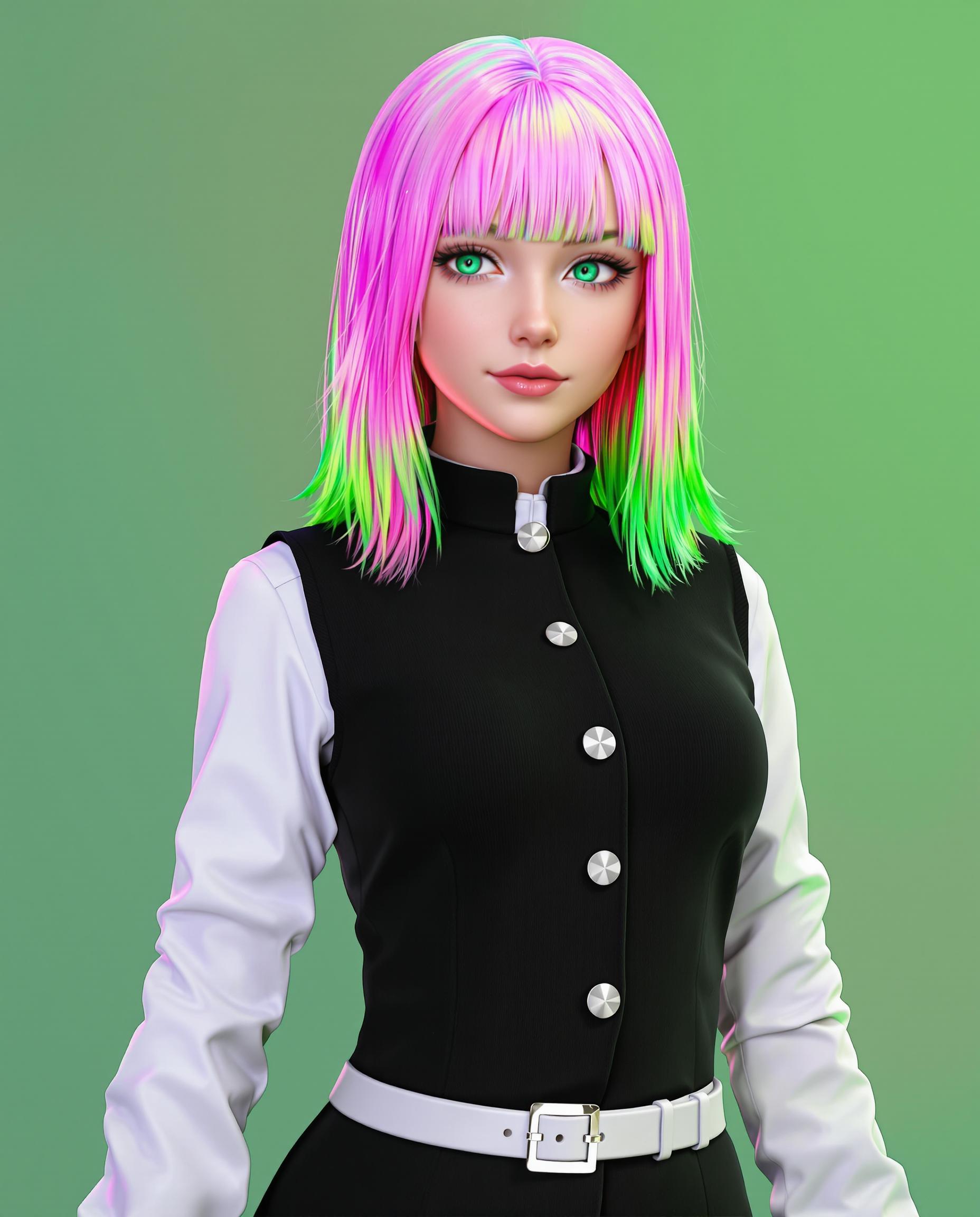 This image is a realistic photo (photograph) of a female real person digital artwork that showcases a highly detailed and realistic 3D rendering of a female figure. The art style is realistic, with a focus on the characters facial features and hair, which are rendered with a high level of detail and softness.The medium appears to be a computer generated 3D model, which is evident from the smooth texture and lighting of the characters skin, hair, and clothing. The rendering technique used gives the image a lifelike quality, with a high level of realism.The colors in the image are vibrant and wellbalanced. The characters hair is a gradient of pink and green, with the pink at the roots blending into a lighter shade towards the ends. The green at the ends of the hair is a bright, almost neon color that stands out against the pink. The characters eyes are a striking shade of green, with long, dark lashes and a hint of reflection that adds depth.The character is wearing a black and white outfit that appears to be a school uniform or a similar formal attire. The black part of the outfit is a fitted, buttoned vest with a high collar and a white shirt underneath. The white shirt has a neat, crisp appearance with a visible collar and buttons. The outfit is completed with a white belt that cinches the waist, giving the character a slender silhouette.The background of the image is a simple, gradient green that fades from a darker shade at the top to a lighter shade at the bottom. This background choice allows the viewer to focus solely on the character without any distractions.Overall, the image is a testament to the skill involved in creating a lifelike 3D rendering with attention to detail, color, and lighting. The characters design and the choice of clothing add to the overall aesthetic, making the image both visually appealing and thematically rich.