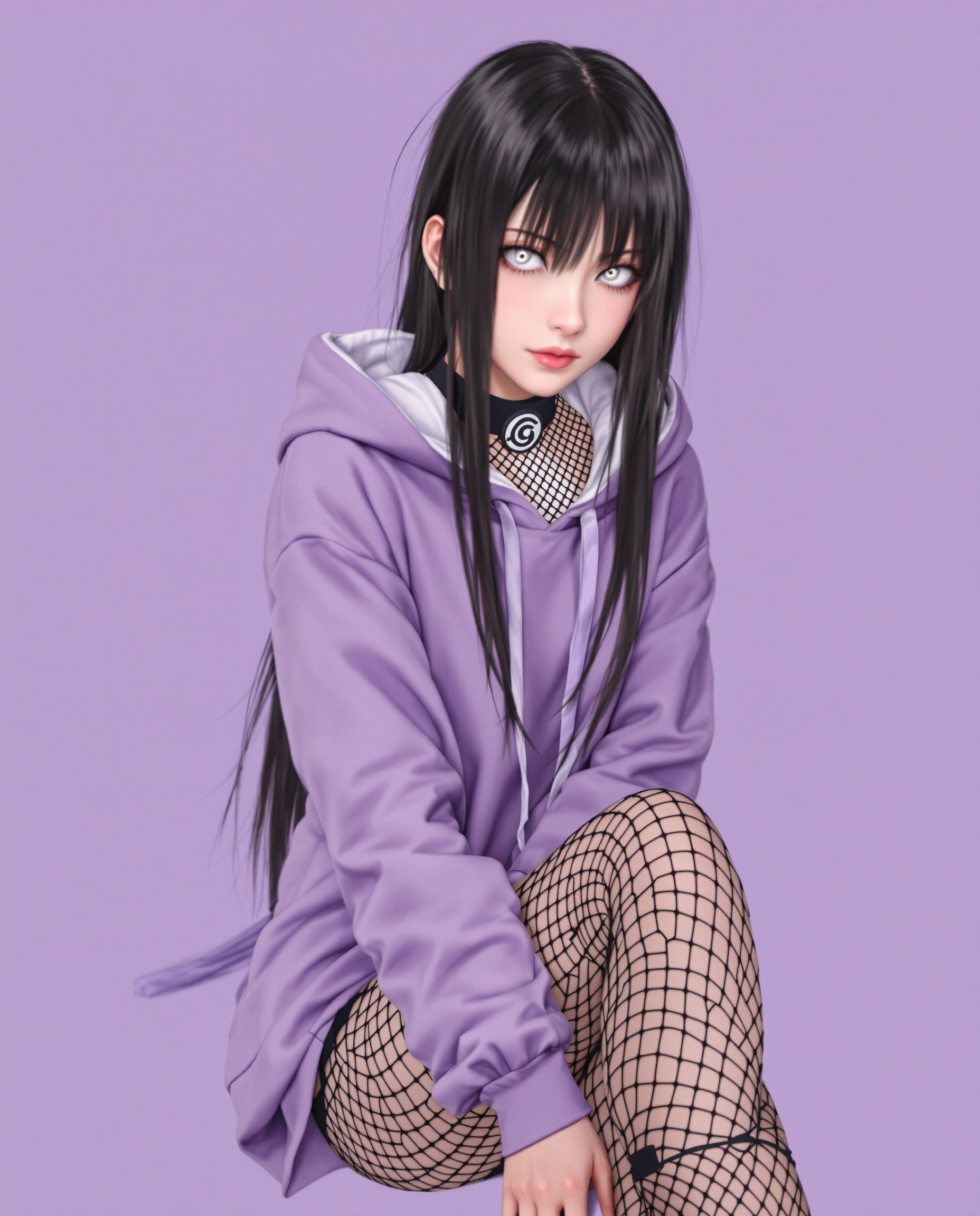 This image features a realistic photo (photograph) of a female real person character with a striking resemblance to the anime character Naruto Uzumaki, specifically the female version known as Hinata Hyuga. The character is depicted with long, straight black hair that flows down her back, with bangs framing her face. Her eyes are a pale, almost ghostly white, which is a notable deviation from the typical brown eyes of the character. The art style is a blend of realism and stylization, with a focus on the characters facial features and hair, which are rendered with a high level of detail and texture. The medium appears to be a digital rendering, given the smooth gradients and lack of texture that might be present in a traditional painting. The colors in the image are quite muted, with a purple background that sets a calm and somewhat mysterious tone. The character is wearing a purple hoodie with a high collar, which has a lighter purple inner lining. Underneath the hoodie, theres a black top with a fishnet pattern, and around her neck is a black collar with a circular symbol in the center, which is reminiscent of the leaf village symbol from the Naruto series.The character is seated, with one knee bent and the other leg extended, and her hands are resting on her thigh. She is wearing fishnet stockings that cover her legs, and theres a black band wrapped around her left thigh, which is a nod to the headband that Hinata wears in the anime. The overall composition of the image is static, with no movement or action depicted, focusing solely on the characters pose and attire.