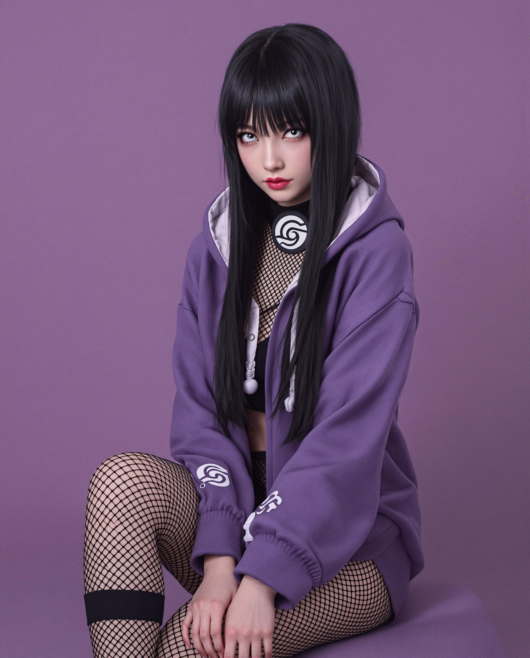 This image features a realistic photo (photograph) of a female real person character with a striking resemblance to the anime character Naruto Uzumaki, specifically the female version known as Hinata Hyuga. The character is depicted with long, straight black hair that flows down her back, with bangs framing her face. Her eyes are a pale, almost ghostly white, which is a notable deviation from the typical brown eyes of the character. The art style is a blend of realism and stylization, with a focus on the characters facial features and hair, which are rendered with a high level of detail and texture. The medium appears to be a digital rendering, given the smooth gradients and lack of texture that might be present in a traditional painting. The colors in the image are quite muted, with a purple background that sets a calm and somewhat mysterious tone. The character is wearing a purple hoodie with a high collar, which has a lighter purple inner lining. Underneath the hoodie, theres a black top with a fishnet pattern, and around her neck is a black collar with a circular symbol in the center, which is reminiscent of the leaf village symbol from the Naruto series.The character is seated, with one knee bent and the other leg extended, and her hands are resting on her thigh. She is wearing fishnet stockings that cover her legs, and theres a black band wrapped around her left thigh, which is a nod to the headband that Hinata wears in the anime. The overall composition of the image is static, with no movement or action depicted, focusing solely on the characters pose and attire.