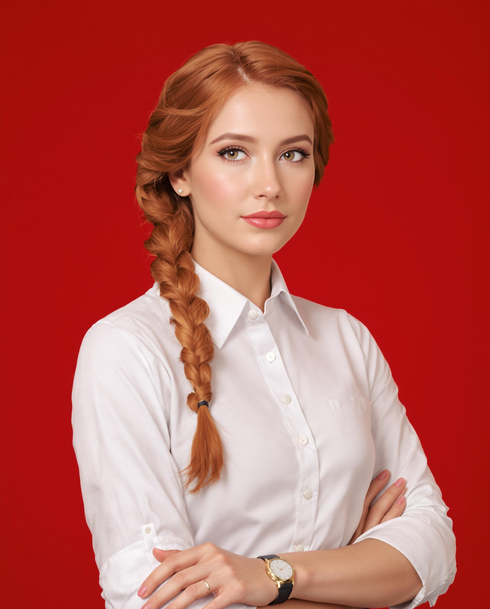 This image realistic photo (photograph) of a female real person features a highly detailed and realistic portrayal of a woman, with a focus on her upper body. The art style is lifelike with a touch of digital enhancement that gives the skin texture and hair a soft, almost ethereal quality. The medium appears to be a digital rendering, given the smooth gradients and lack of texture that might be present in a traditional painting.The subject is wearing a white, longsleeved shirt with a classic collar and a black tie, suggesting a formal or professional setting. The shirt is buttoned up and has a crisp, clean appearance, with the fabric appearing to have a gentle sheen, indicating a highquality material. The sleeves are rolled up to the elbows, revealing the forearm, which is adorned with a simple, elegant watch.The persons hair is a rich, auburn color with a side braid that cascades down the side of the body. The hair strands are rendered with individual highlights and shadows, giving it a threedimensional effect. The texture of the hair is also very detailed, with individual strands that can be seen against the skin, and the ends of the braid have a slight curl.The background is a solid, vibrant red, which provides a stark contrast to the white of the shirt and the black of the tie. The red is uniform and without any gradients or shadows, which gives the impression of a flat, twodimensional surface. The red background serves to accentuate the subject and the details of her attire and hair. Overall, the image is a testament to the skill involved in creating a lifelike digital rendering, with attention to detail in the textures and colors, and a strong composition that draws the viewers eye to the subject.
