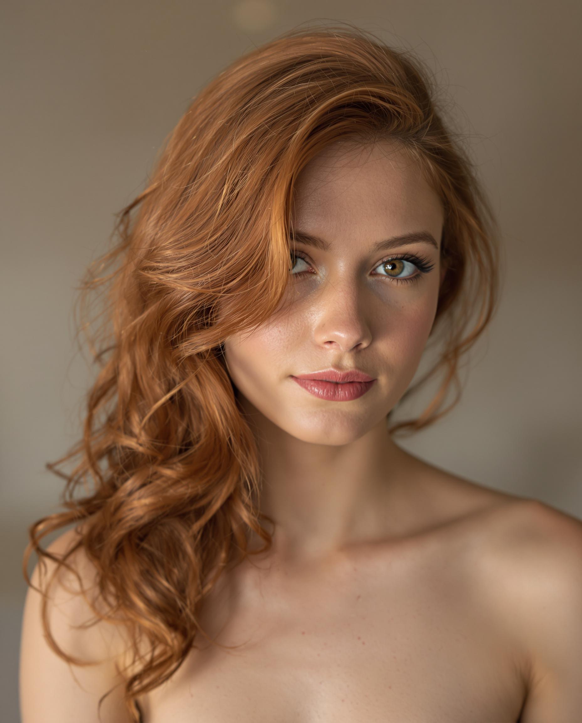 A highly detailed photorealistic portrait photograph of a young woman in her upper body, captured with a DSLR camera and 50mm lens for shallow depth of field, featuring soft cinematic lighting that imparts an ethereal glow to her smooth skin and rich auburn hair styled in a cascading side