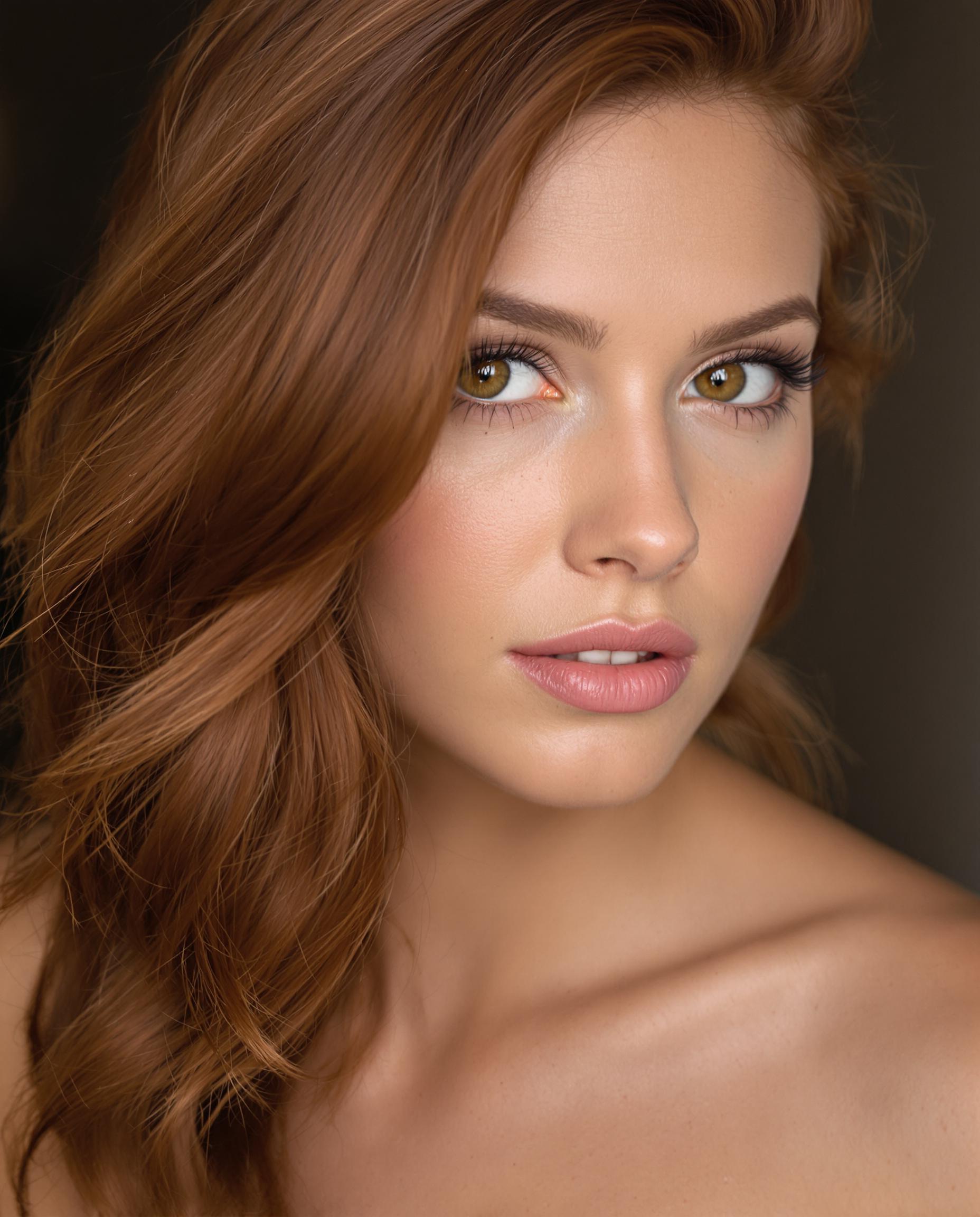 A highly detailed photorealistic portrait photograph of a young woman in her upper body, captured with a DSLR camera and 50mm lens for shallow depth of field, featuring soft cinematic lighting that imparts an ethereal glow to her smooth skin and rich auburn hair styled in a cascading side
