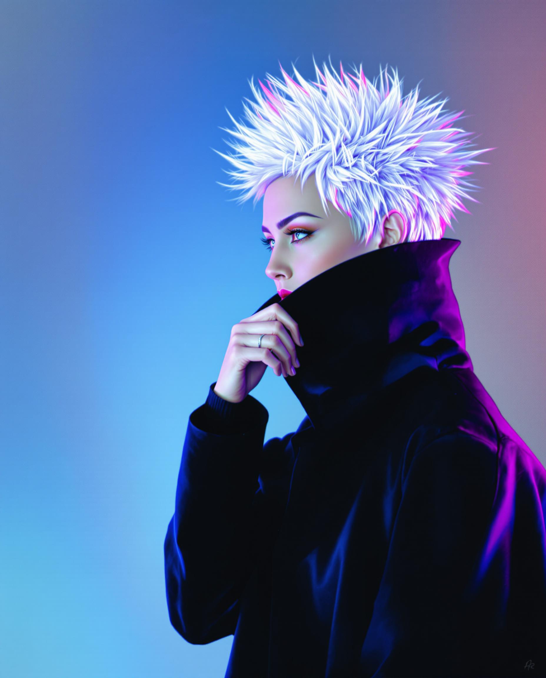 This is a realistic photo, characterized by its high details, and a style that leans towards realistic aesthetics realistic photo (photograph) of a female real person. The subject of the image is a figure with spiky white hair, wearing a dark, highcollared coat that suggests a sense of mystery or formality. The coat is detailed with folds and shadows that give it a threedimensional appearance, and the figures pose, with one hand raised to the chin, suggests a thoughtful or contemplative stance.The medium appears to be digital painting software, given the smooth gradients and lack of texture that are common in such programs. The colors are bold and saturated, with a clear emphasis on the contrast between the figures white hair and the dark tones of the coat. The background is a simple gradient of blues, which serves to highlight the figure and give the image a sense of depth.There are no other objects in the image to distract from the figure, which is the sole subject. The simplicity of the composition, combined with the dramatic use of light and shadow, creates a striking and engaging visual narrative. The overall effect is one of modern, stylized artistry that captures the viewers attention with its boldness and clarity.