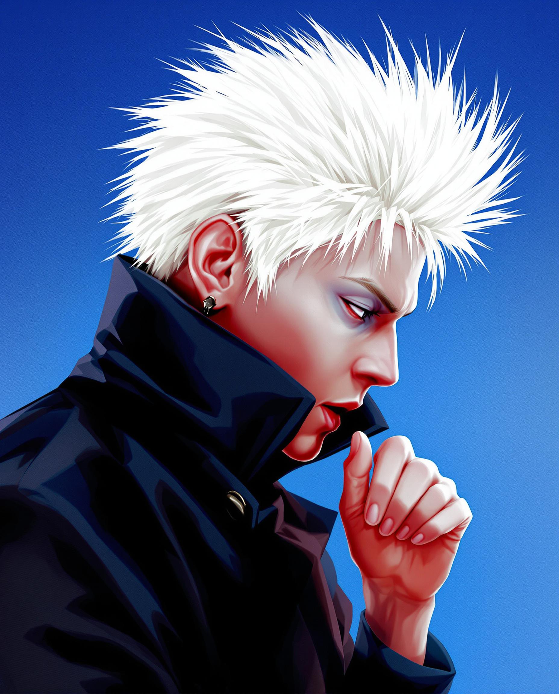 This is a realistic photo, characterized by its high details, and a style that leans towards realistic aesthetics realistic photo (photograph) of a male real person. The subject of the image is a figure with spiky white hair, wearing a dark, highcollared coat that suggests a sense of mystery or formality. The coat is detailed with folds and shadows that give it a threedimensional appearance, and the figures pose, with one hand raised to the chin, suggests a thoughtful or contemplative stance.The medium appears to be digital painting software, given the smooth gradients and lack of texture that are common in such programs. The colors are bold and saturated, with a clear emphasis on the contrast between the figures white hair and the dark tones of the coat. The background is a simple gradient of blues, which serves to highlight the figure and give the image a sense of depth.There are no other objects in the image to distract from the figure, which is the sole subject. The simplicity of the composition, combined with the dramatic use of light and shadow, creates a striking and engaging visual narrative. The overall effect is one of modern, stylized artistry that captures the viewers attention with its boldness and clarity.