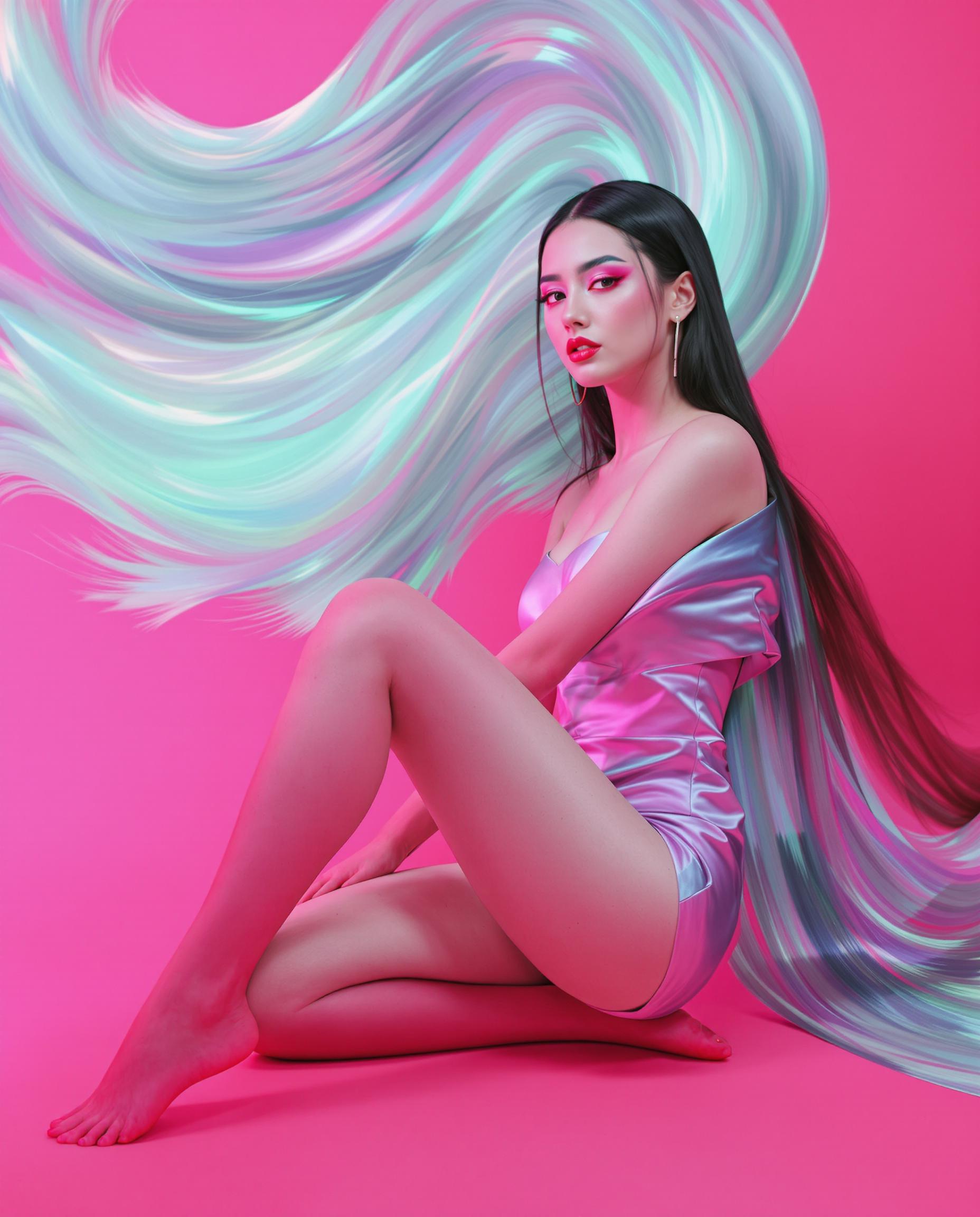 This image is a realistic photo (photograph) of a female real person  that showcases a blend of artistic elements that contribute to its aesthetic appeal. Composition The subject is placed centrally, which is a common compositional technique that draws the viewers eye directly to the focal point. The subjects pose is dynamic, with one knee bent and the other leg extended, which adds movement to the still image. The use of negative space is clever, with the subjects hair and clothing flowing around the edges, creating a sense of depth and continuity. The color contrast between the subjects hair and the vibrant pink background is striking, drawing attention and adding visual interest.Lighting The lighting in the image is soft and diffused, likely a result of studio lighting, which casts gentle shadows and highlights the subjects features without harshness. The lighting accentuates the curves of the subjects body and the texture of her hair, contributing to the overall sensual and dreamy quality of the image. The lighting also creates a gradient effect on the subjects hair, with the ends appearing darker against the lighter background, which adds dimension and complexity to the image.Style The style of the image is reminiscent of contemporary digital art with a touch realistic influence, as suggested by the subjects exaggerated features and the vibrant, almost neonlike colors. The subjects outfit, which appears to be a stylized version of traditional clothing, adds to the fantasy element, suggesting a narrative or character inspiration. The overall style of the image is sleek and modern, with a focus on clean lines and a polished finish.The combination of these elements creates an image that is both visually striking and thematically rich, inviting viewers to interpret the story or emotion behind the subjects expression.