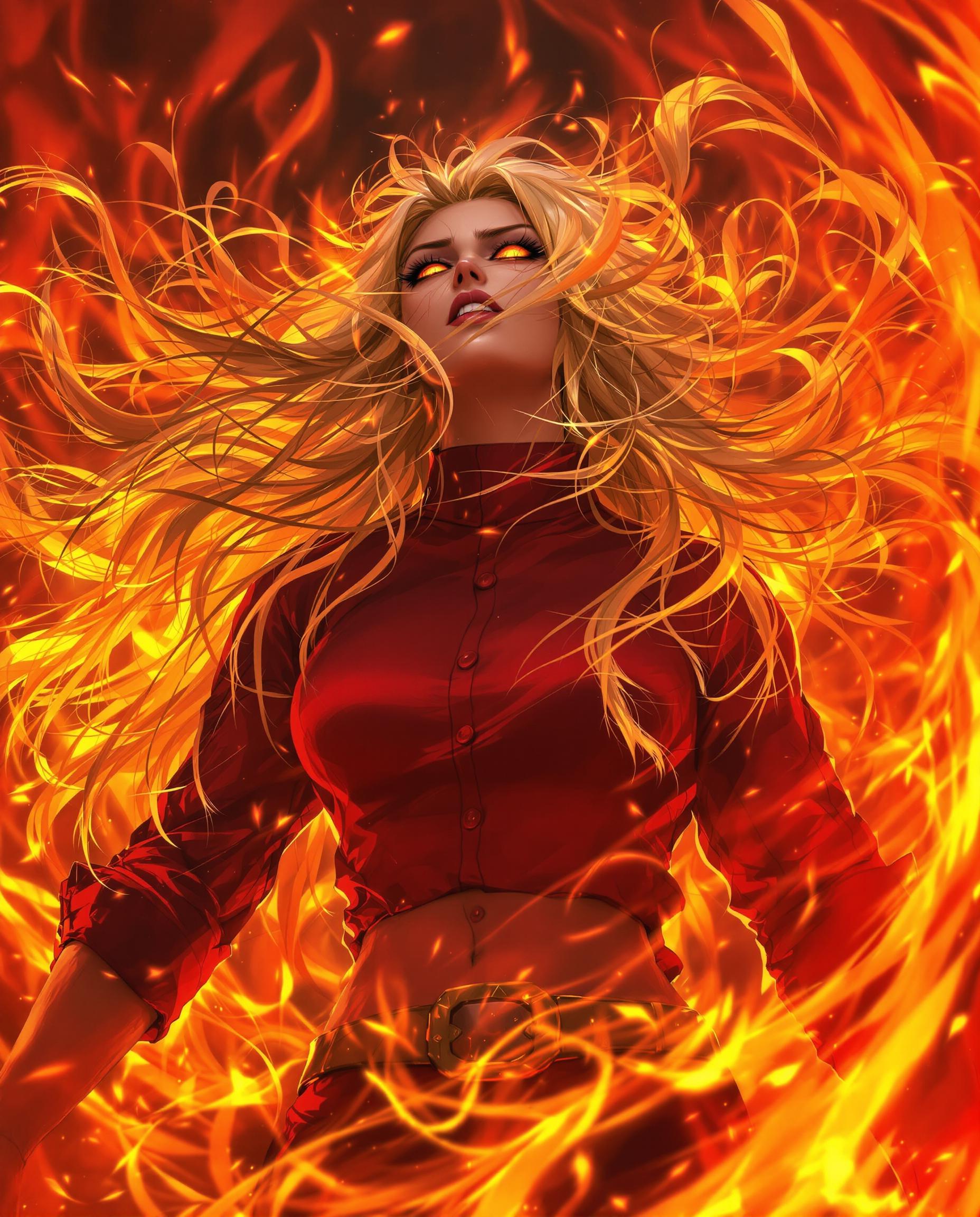 A hyper-realistic DSLR photograph captures a fierce female anime character in a dynamic, intense pose, her long golden hair flowing wildly with chaotic strands and fiery glowing highlights, partially obscuring a deep red high-collared garment with rolled-up sleeves revealing muscular arms shadowed dramatically. Her exaggerated features include large, expressive heterochromia eyes and a pronounced mouth, set against a swirling background of vivid fiery red and orange flames with high contrast and saturation. Cinematic lighting emphasizes passion and aggression in sharp 8K detail, with a 50mm lens and shallow depth of field.