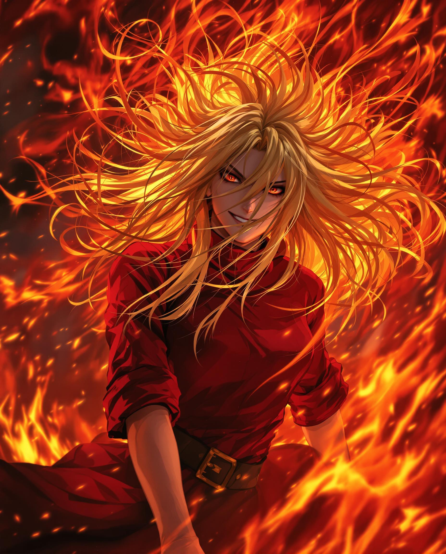 A hyper-realistic DSLR photograph captures a fierce female anime character in a dynamic, intense pose, her long golden hair flowing wildly with chaotic strands and fiery glowing highlights, partially obscuring a deep red high-collared garment with rolled-up sleeves revealing muscular arms shadowed dramatically. Her exaggerated features include large, expressive heterochromia eyes and a pronounced mouth, set against a swirling background of vivid fiery red and orange flames with high contrast and saturation. Cinematic lighting emphasizes passion and aggression in sharp 8K detail, with a 50mm lens and shallow depth of field.
