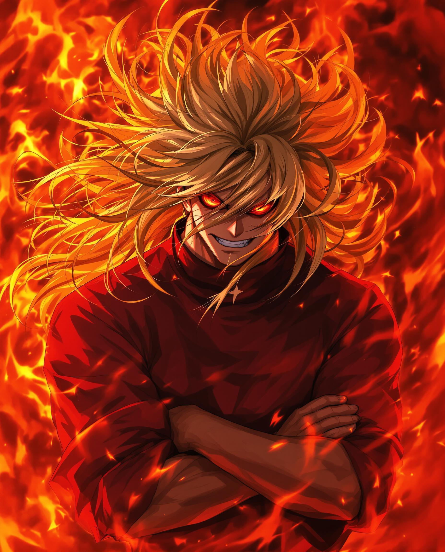 A hyper-realistic DSLR photograph captures a fierce male anime character in a dynamic, intense pose, his long golden hair flowing wildly with chaotic strands and fiery glowing highlights, he has heterochromia in his eyes and very detailed eyes like a demon, partially obscuring a deep red high-collared garment with rolled-up sleeves revealing muscular arms shadowed dramatically. His exaggerated features include large, expressive heterochromia eyes and a pronounced mouth, set against a swirling background of vivid fiery red and orange flames with high contrast and saturation. Cinematic lighting emphasizes passion and aggression in sharp 8K detail, with a 50mm lens and shallow depth of field.