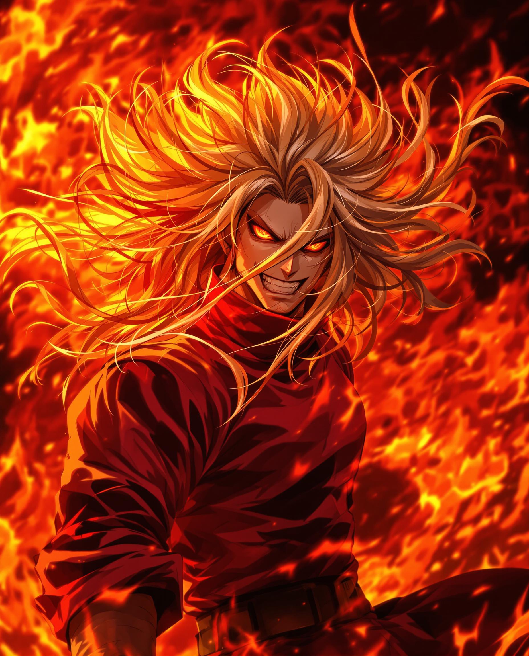 A hyper-realistic DSLR photograph captures a fierce male anime character in a dynamic, intense pose, his long golden hair flowing wildly with chaotic strands and fiery glowing highlights, he has heterochromia in his eyes and very detailed eyes like a demon, partially obscuring a deep red high-collared garment with rolled-up sleeves revealing muscular arms shadowed dramatically. His exaggerated features include large, expressive heterochromia eyes and a pronounced mouth, set against a swirling background of vivid fiery red and orange flames with high contrast and saturation. Cinematic lighting emphasizes passion and aggression in sharp 8K detail, with a 50mm lens and shallow depth of field.
