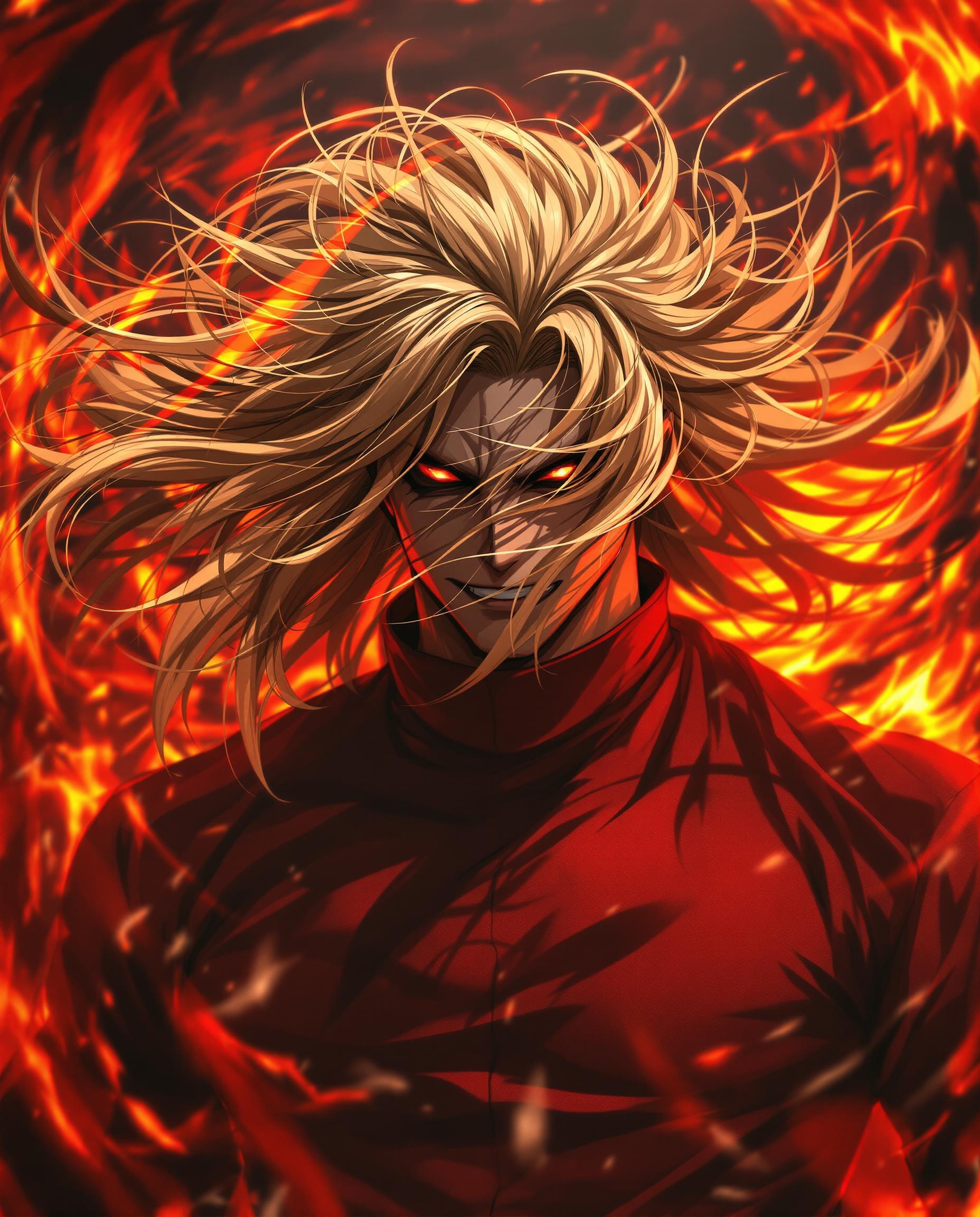 A hyper-realistic DSLR photograph captures a fierce male anime character in a dynamic, intense pose, his long golden hair flowing wildly with chaotic strands and fiery glowing highlights, he has heterochromia with each eye a different color and very detailed eyes like a demon, partially obscuring a deep red high-collared garment with rolled-up sleeves revealing muscular arms shadowed dramatically. His exaggerated features include large, expressive heterochromia eyes and a pronounced mouth, set against a swirling background of vivid fiery red and orange flames with high contrast and saturation. Cinematic lighting emphasizes passion and aggression in sharp 8K detail, with a 50mm lens and shallow depth of field.