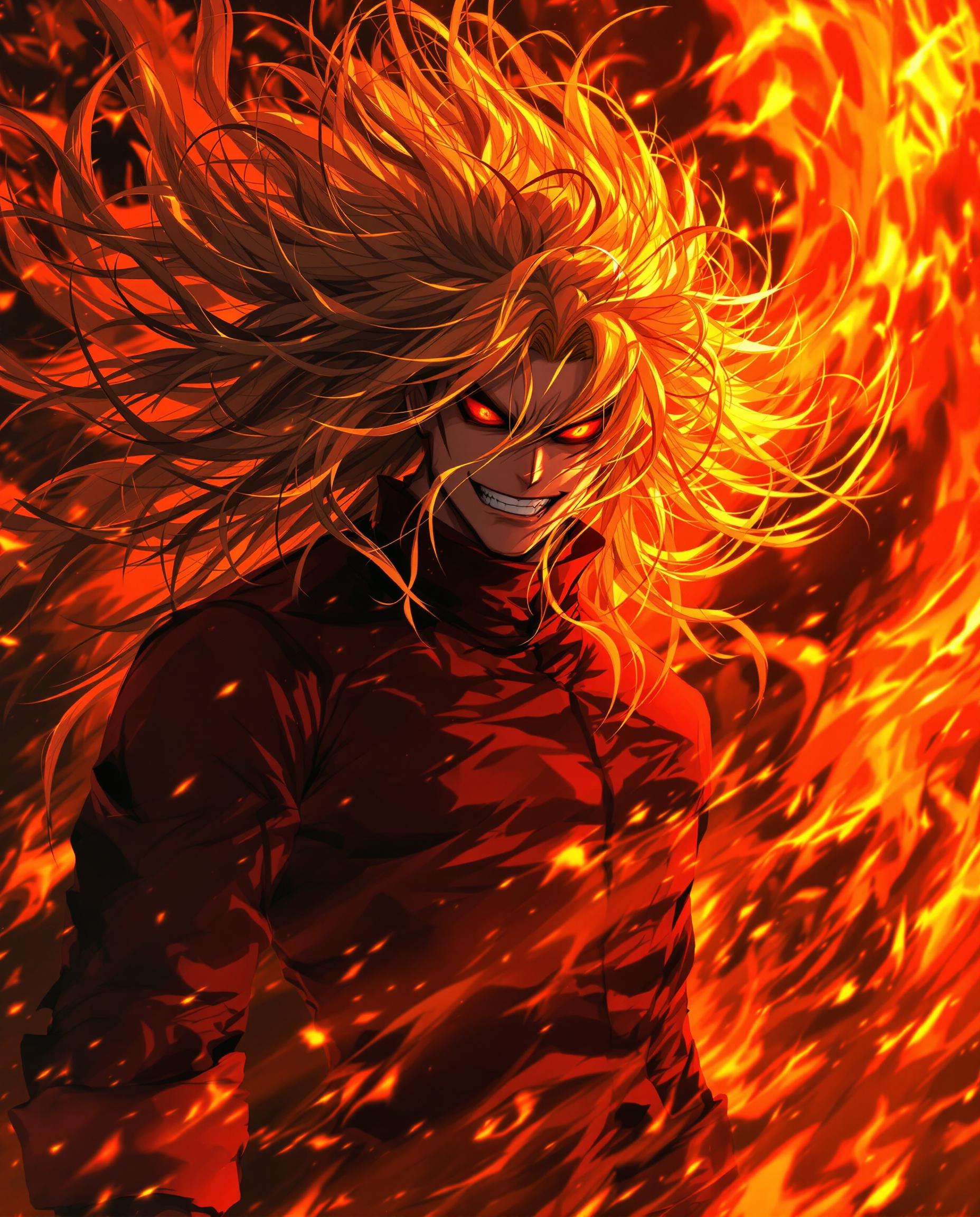 A hyper-realistic DSLR photograph captures a fierce male anime character in a dynamic, intense pose, his long golden hair flowing wildly with chaotic strands and fiery glowing highlights, he has heterochromia with each eye a different color and very detailed eyes like a demon, partially obscuring a deep red high-collared garment with rolled-up sleeves revealing muscular arms shadowed dramatically. His exaggerated features include large, expressive heterochromia eyes and a pronounced mouth, set against a swirling background of vivid fiery red and orange flames with high contrast and saturation. Cinematic lighting emphasizes passion and aggression in sharp 8K detail, with a 50mm lens and shallow depth of field.
