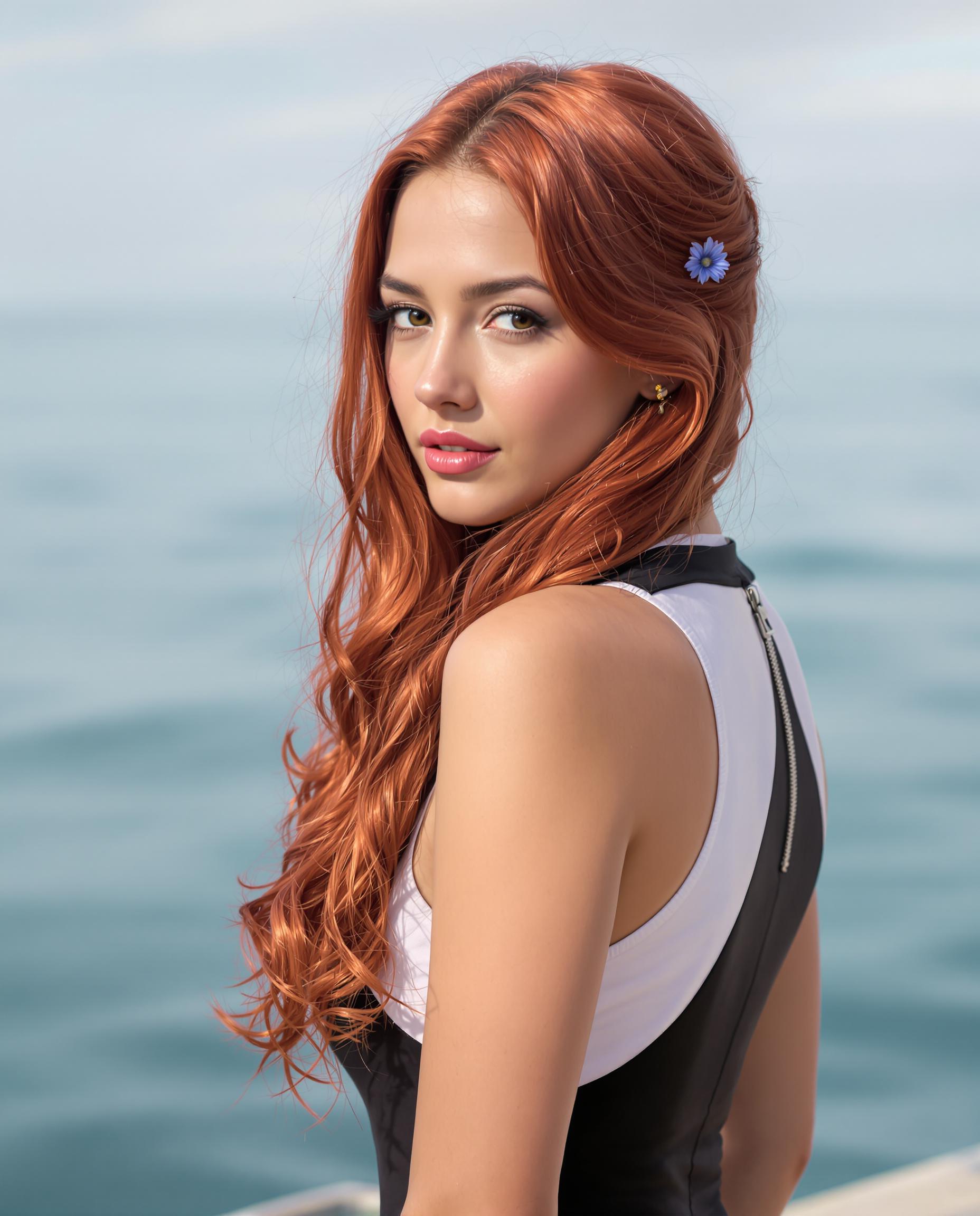 A photorealistic closeup portrait of a beautiful woman with long, flowing red hair cascading in detailed waves, subtle highlights and shadows adding realistic texture and volume, accented by a small blue flower tucked into the strands. She wears a fitted sleeveless top with a high neckline in black and white, featuring a visible back zipper and smooth, stretchy fabric with a slight sheen, set against a serene sea background under soft, diffused lighting that evokes a calm mood, rendered as a high-resolution digital painting with smooth color blending and intricate details.