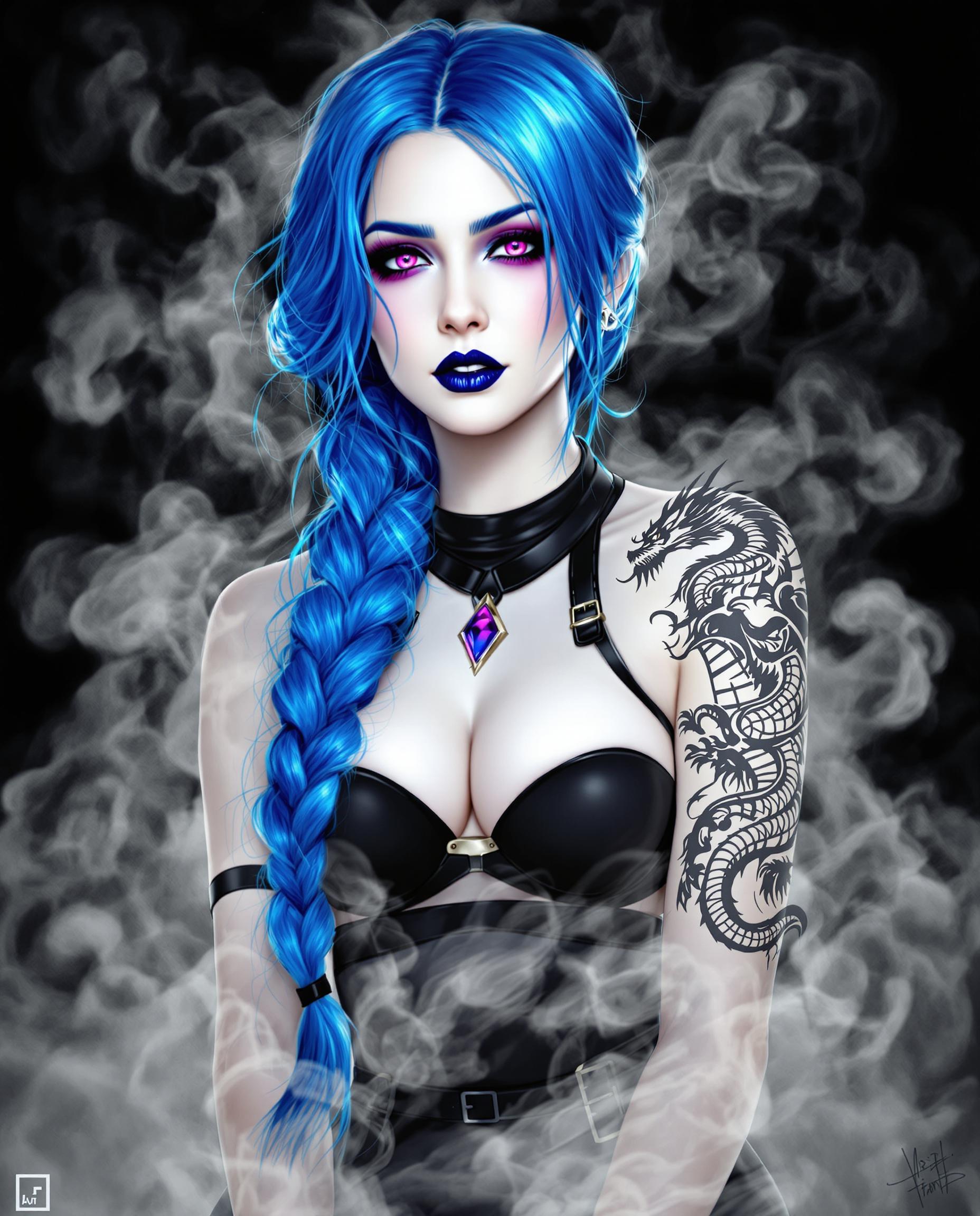 This is a realistic photo (photograph) of a female real person digital illustration that features a stylized female figure with a bold and dramatic art style. The medium appears to be a digital painting, given the smooth gradients and the lack of texture that one might expect from traditional mediums like oil or acrylic paints.The colors in the image are striking and monochromatic, with a limited palette that includes shades of black, white, and various grays. The figures hair is a vivid blue, which stands out against the predominantly dark background. The blue hair is styled into a long, flowing braid that cascades down the figures back, ending in a taillike extension with a blue gem at the end.The figures skin is a pale white, which contrasts sharply with the blue hair and the black and gray tones of her clothing and accessories. Her eyes are a deep, rich purple, and they are detailed with a smoky effect that gives them a mysterious and otherworldly appearance. The figures makeup is bold, with a dark lip color that complements the purple eyes.On the figures right shoulder, there is a tattoo of a dragon, which is a common symbol of power and strength. The dragon is intricately designed with scales, claws, and wings, and it is depicted in a grayscale palette that contrasts with the blue hair and the figures skin.The figure is wearing a sleeveless top with a high neckline and a black harnesslike strap across the chest. The straps are detailed with buckles and metal accents, adding to the edgy and gothic feel of the outfit. The figures arms are covered in a cloudlike tattoo that extends from her shoulders down to her wrists.The background of the image is a swirling mass of smoke in various shades of gray, which gives the impression of a chaotic and tumultuous atmosphere. The smoke swirls around the figure, creating a sense of movement and enveloping her in an ethereal haze.Overall, the image is a powerful and dynamic piece of digital art that combines elements of fantasy, gothic, and tattoo culture to create a striking and memorable visual experience.