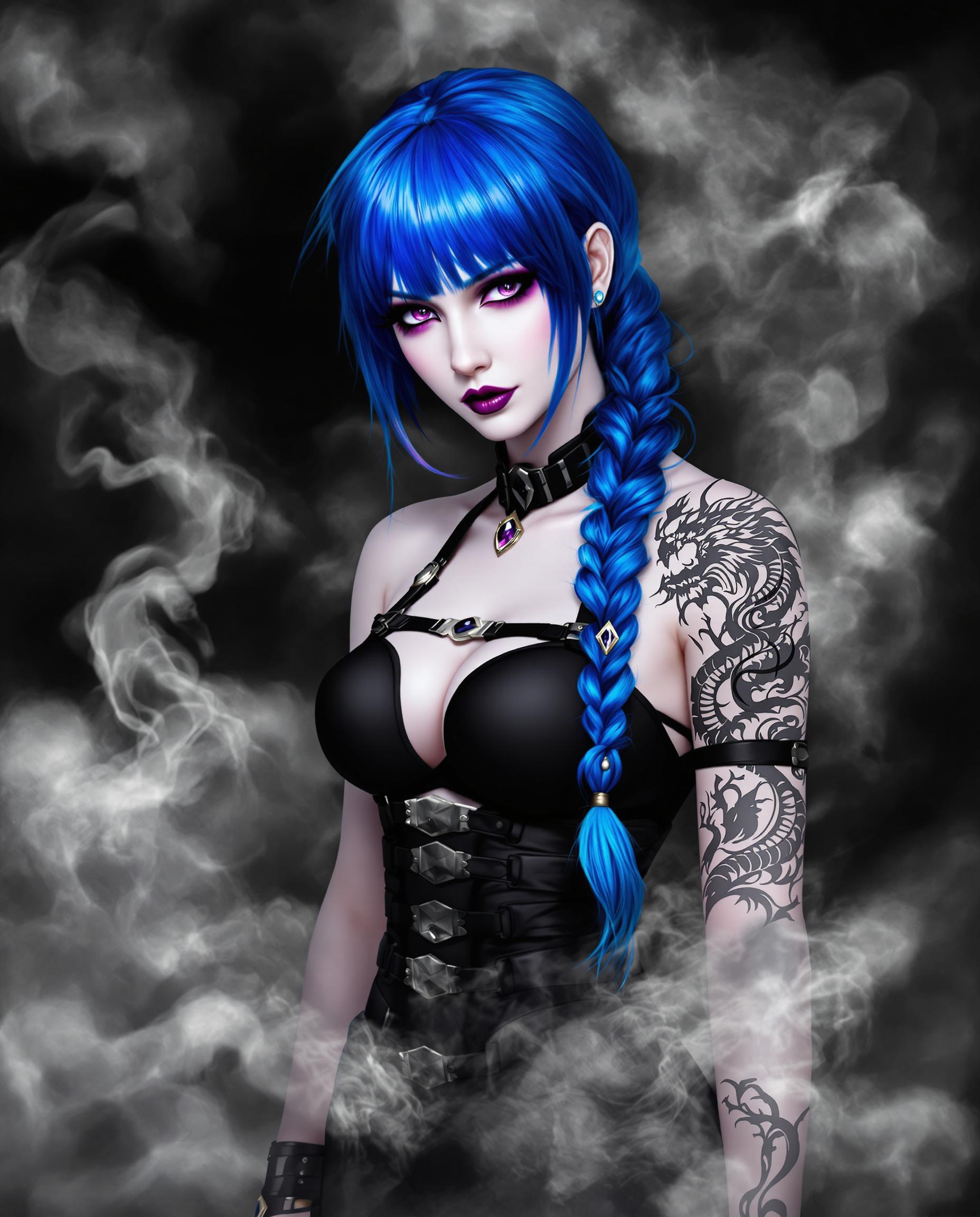 This is a realistic photo (photograph) of a female real person digital illustration that features a stylized female figure with a bold and dramatic art style. The medium appears to be a digital painting, given the smooth gradients and the lack of texture that one might expect from traditional mediums like oil or acrylic paints.The colors in the image are striking and monochromatic, with a limited palette that includes shades of black, white, and various grays. The figures hair is a vivid blue, which stands out against the predominantly dark background. The blue hair is styled into a long, flowing braid that cascades down the figures back, ending in a taillike extension with a blue gem at the end.The figures skin is a pale white, which contrasts sharply with the blue hair and the black and gray tones of her clothing and accessories. Her eyes are a deep, rich purple, and they are detailed with a smoky effect that gives them a mysterious and otherworldly appearance. The figures makeup is bold, with a dark lip color that complements the purple eyes.On the figures right shoulder, there is a tattoo of a dragon, which is a common symbol of power and strength. The dragon is intricately designed with scales, claws, and wings, and it is depicted in a grayscale palette that contrasts with the blue hair and the figures skin.The figure is wearing a sleeveless top with a high neckline and a black harnesslike strap across the chest. The straps are detailed with buckles and metal accents, adding to the edgy and gothic feel of the outfit. The figures arms are covered in a cloudlike tattoo that extends from her shoulders down to her wrists.The background of the image is a swirling mass of smoke in various shades of gray, which gives the impression of a chaotic and tumultuous atmosphere. The smoke swirls around the figure, creating a sense of movement and enveloping her in an ethereal haze.Overall, the image is a powerful and dynamic piece of digital art that combines elements of fantasy, gothic, and tattoo culture to create a striking and memorable visual experience.