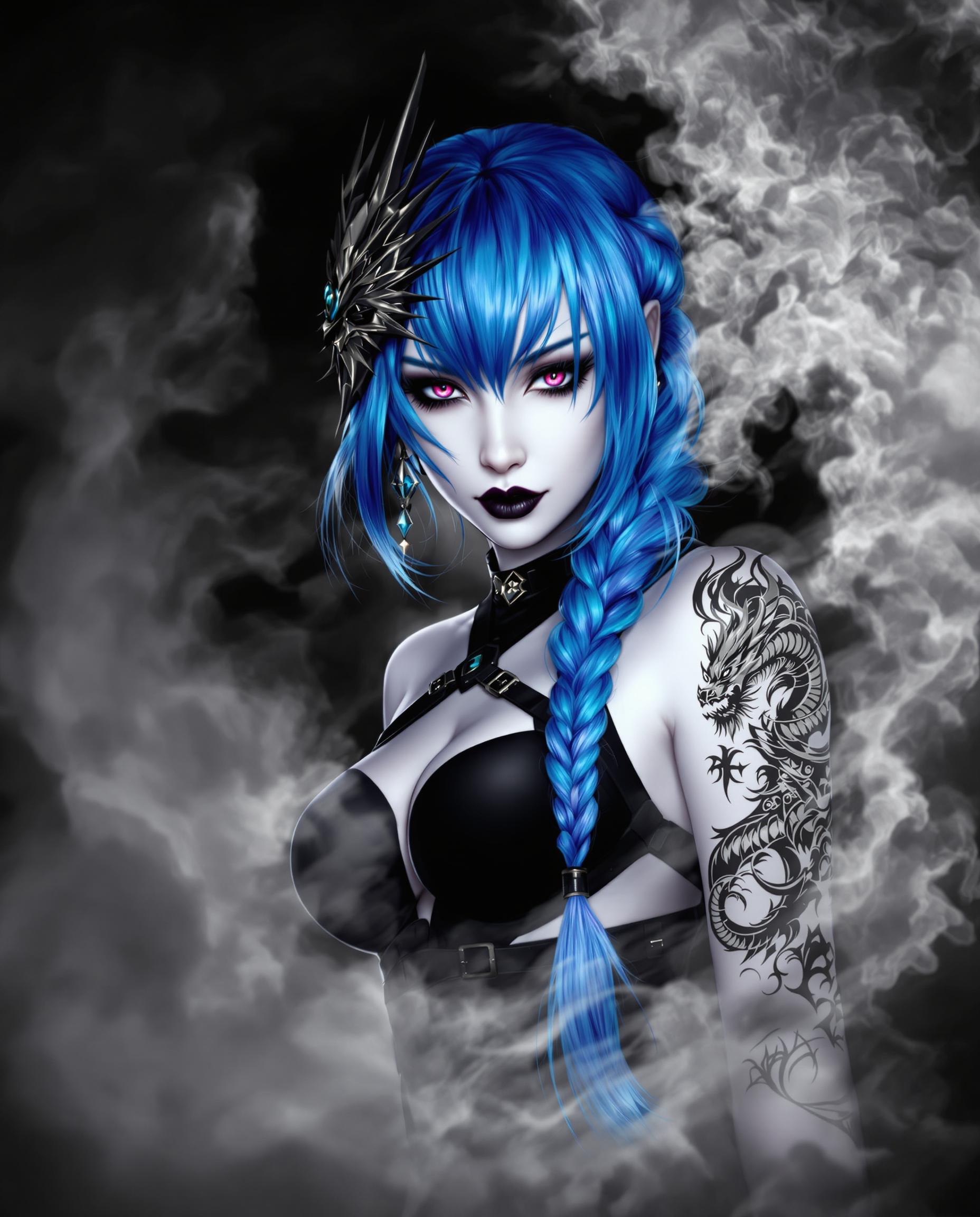 This is a realistic photo (photograph) of a female real person digital illustration that features a stylized female figure with a bold and dramatic art style. The medium appears to be a digital painting, given the smooth gradients and the lack of texture that one might expect from traditional mediums like oil or acrylic paints.The colors in the image are striking and monochromatic, with a limited palette that includes shades of black, white, and various grays. The figures hair is a vivid blue, which stands out against the predominantly dark background. The blue hair is styled into a long, flowing braid that cascades down the figures back, ending in a taillike extension with a blue gem at the end, she also has an oni demon mask on the side of her head.The figures skin is a pale white, which contrasts sharply with the blue hair and the black and gray tones of her clothing and accessories. Her eyes are a deep, rich purple, and they are detailed with a smoky effect that gives them a mysterious and otherworldly appearance. The figures makeup is bold, with a dark lip color that complements the purple eyes.On the figures right shoulder, there is a tattoo of a dragon, which is a common symbol of power and strength. The dragon is intricately designed with scales, claws, and wings, and it is depicted in a grayscale palette that contrasts with the blue hair and the figures skin.The figure is wearing a sleeveless top with a high neckline and a black harnesslike strap across the chest. The straps are detailed with buckles and metal accents, adding to the edgy and gothic feel of the outfit. The figures arms are covered in a cloudlike tattoo that extends from her shoulders down to her wrists.The background of the image is a swirling mass of smoke in various shades of gray, which gives the impression of a chaotic and tumultuous atmosphere. The smoke swirls around the figure, creating a sense of movement and enveloping her in an ethereal haze.Overall, the image is a powerful and dynamic piece of digital art that combines elements of fantasy, gothic, and tattoo culture to create a striking and memorable visual experience.