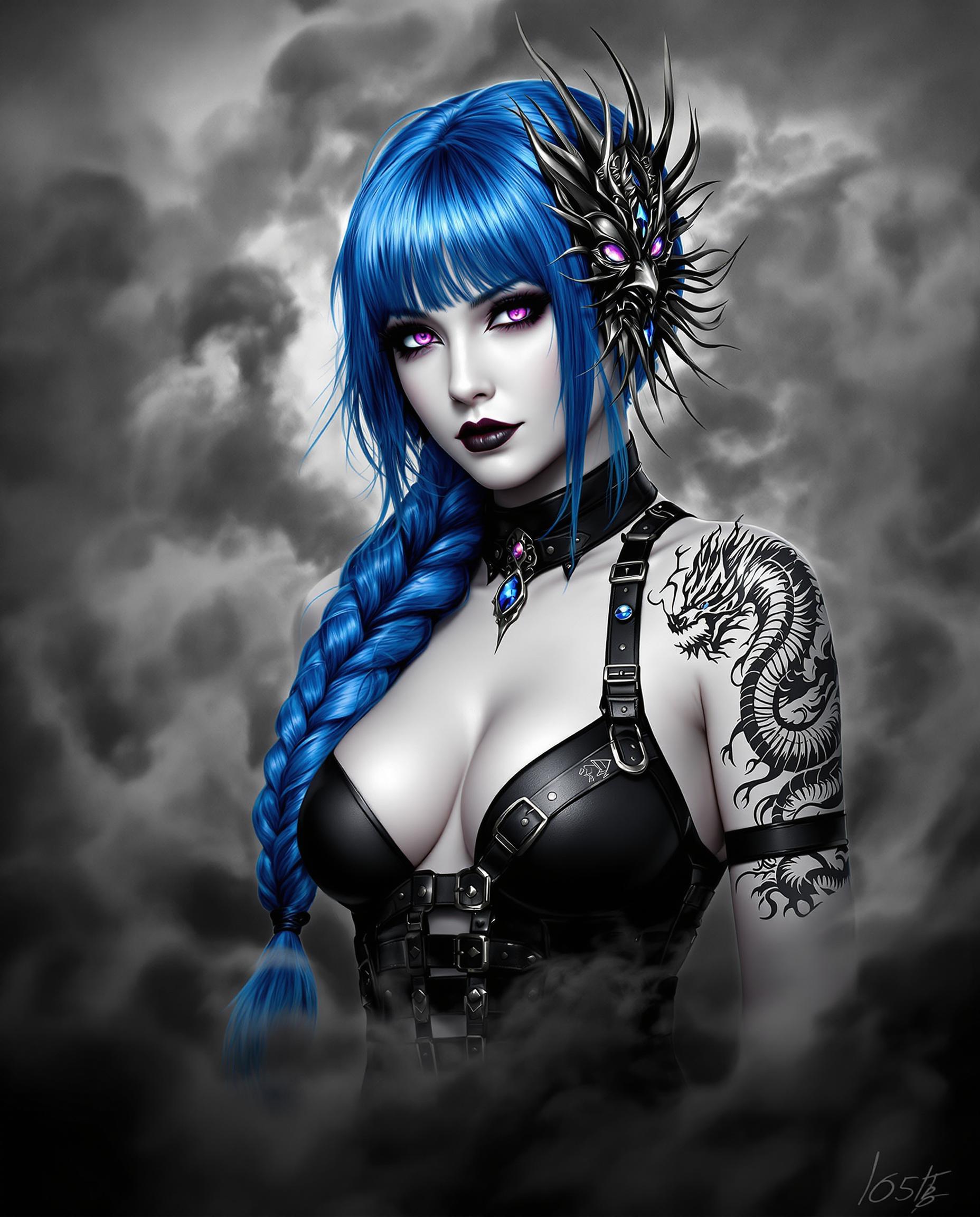This is a realistic photo (photograph) of a female real person digital illustration that features a stylized female figure with a bold and dramatic art style. The medium appears to be a digital painting, given the smooth gradients and the lack of texture that one might expect from traditional mediums like oil or acrylic paints.The colors in the image are striking and monochromatic, with a limited palette that includes shades of black, white, and various grays. The figures hair is a vivid blue, which stands out against the predominantly dark background. The blue hair is styled into a long, flowing braid that cascades down the figures back, ending in a taillike extension with a blue gem at the end, she also has an oni demon mask on the side of her head.The figures skin is a pale white, which contrasts sharply with the blue hair and the black and gray tones of her clothing and accessories. Her eyes are a deep, rich purple, and they are detailed with a smoky effect that gives them a mysterious and otherworldly appearance. The figures makeup is bold, with a dark lip color that complements the purple eyes.On the figures right shoulder, there is a tattoo of a dragon, which is a common symbol of power and strength. The dragon is intricately designed with scales, claws, and wings, and it is depicted in a grayscale palette that contrasts with the blue hair and the figures skin.The figure is wearing a sleeveless top with a high neckline and a black harnesslike strap across the chest. The straps are detailed with buckles and metal accents, adding to the edgy and gothic feel of the outfit. The figures arms are covered in a cloudlike tattoo that extends from her shoulders down to her wrists.The background of the image is a swirling mass of smoke in various shades of gray, which gives the impression of a chaotic and tumultuous atmosphere. The smoke swirls around the figure, creating a sense of movement and enveloping her in an ethereal haze.Overall, the image is a powerful and dynamic piece of digital art that combines elements of fantasy, gothic, and tattoo culture to create a striking and memorable visual experience.