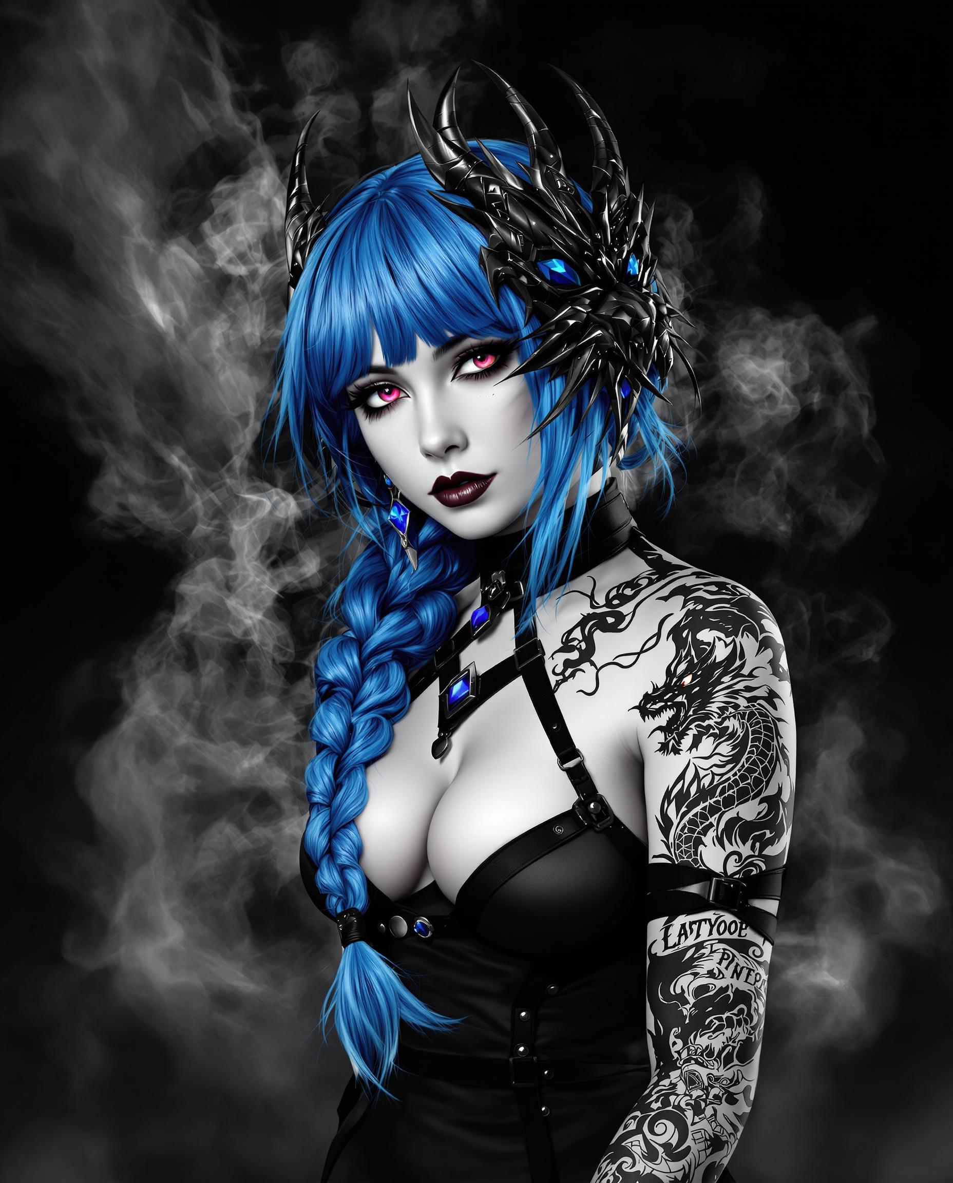 This is a realistic photo (photograph) of a female real person digital illustration that features a stylized female figure with a bold and dramatic art style. The medium appears to be a digital painting, given the smooth gradients and the lack of texture that one might expect from traditional mediums like oil or acrylic paints.The colors in the image are striking and monochromatic, with a limited palette that includes shades of black, white, and various grays. The figures hair is a vivid blue, which stands out against the predominantly dark background. The blue hair is styled into a long, flowing braid that cascades down the figures back, ending in a taillike extension with a blue gem at the end, she also has an oni demon mask on the side of her head.The figures skin is a pale white, which contrasts sharply with the blue hair and the black and gray tones of her clothing and accessories. Her eyes are a deep, rich purple, and they are detailed with a smoky effect that gives them a mysterious and otherworldly appearance. The figures makeup is bold, with a dark lip color that complements the purple eyes.On the figures right shoulder, there is a tattoo of a dragon, which is a common symbol of power and strength. The dragon is intricately designed with scales, claws, and wings, and it is depicted in a grayscale palette that contrasts with the blue hair and the figures skin.The figure is wearing a sleeveless top with a high neckline and a black harnesslike strap across the chest. The straps are detailed with buckles and metal accents, adding to the edgy and gothic feel of the outfit. The figures arms are covered in a cloudlike tattoo that extends from her shoulders down to her wrists.The background of the image is a swirling mass of smoke in various shades of gray, which gives the impression of a chaotic and tumultuous atmosphere. The smoke swirls around the figure, creating a sense of movement and enveloping her in an ethereal haze.Overall, the image is a powerful and dynamic piece of digital art that combines elements of fantasy, gothic, and tattoo culture to create a striking and memorable visual experience.