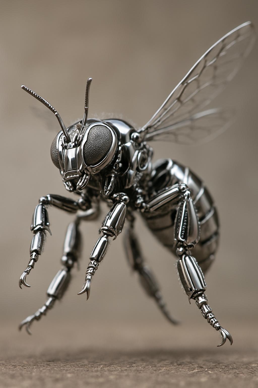 Create a robotic bee image so that it is photo-realistic and made entirely out of chrome and metal with multiple mechanical parts visible. The bee should be flying toward the camera/viewer. Legs are oversized and the viewer is only 1/4 inch tall so the bee is giant. Turn the bee to a 3/4 angle as it flies toward in the image. Tilt the belly of the bee more toward the viewer and have the legs reaching out toward the viewer as if it would land on them.