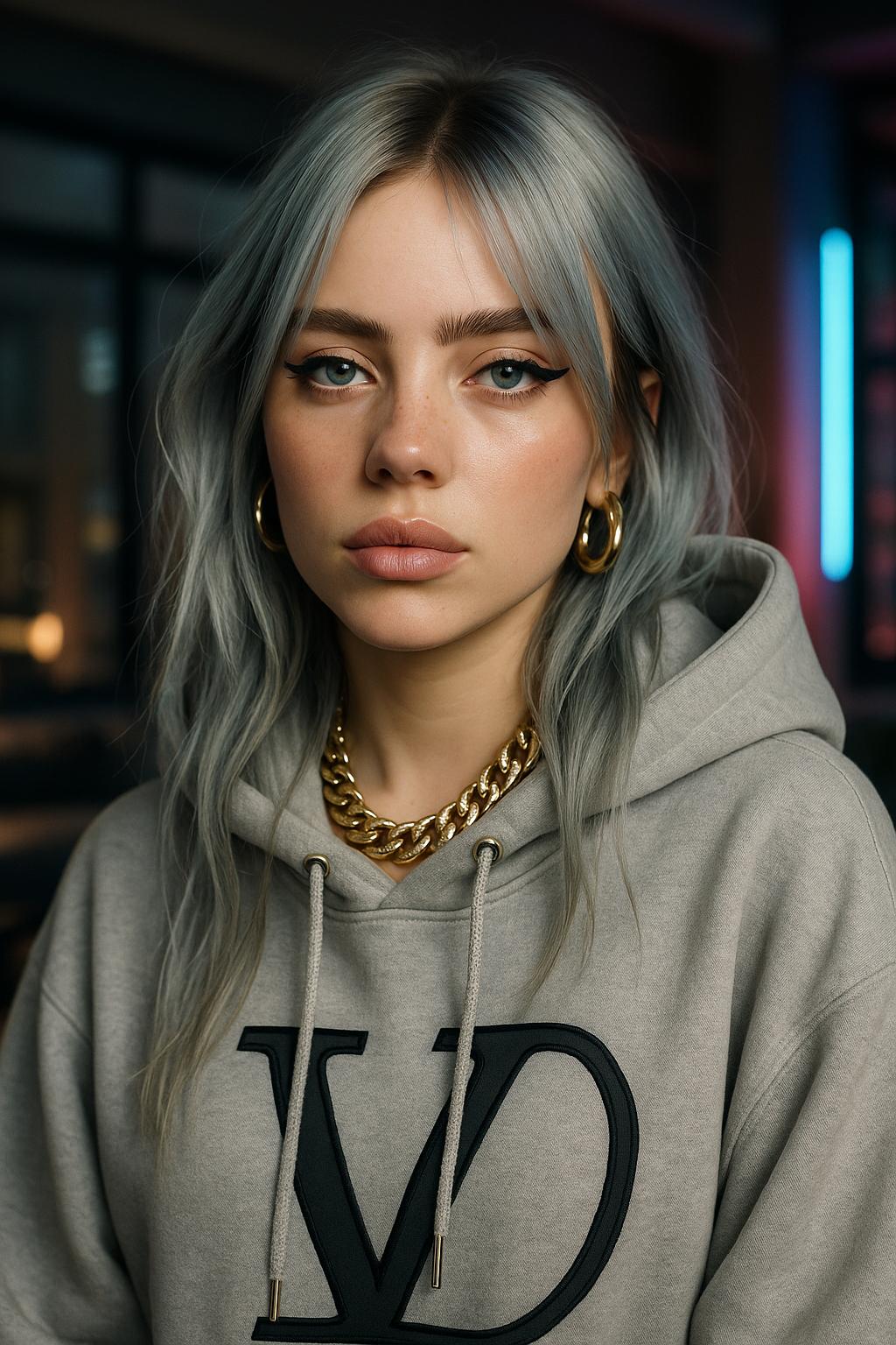 Ultra-realistic portrait of a stunning young female influencer with a captivating and edgy style, slightly resembling Billie Eilish. She has piercing blue-green eyes, soft pouty lips, and a subtle rebellious vibe. Long tousled hair, dyed in soft pastel shades (like icy blue or smoky silver), glowing smooth skin, and light freckles. Wearing high-fashion streetwear with a luxury twist — oversized hoodie, statement jewelry, and bold eyeliner. She poses confidently in a sleek modern interior with soft lighting, Instagram-ready, cinematic depth of field, hyper-detailed textures, 8K quality.

Lighting: soft cinematic lighting, high contrast shadows

Background: urban loft apartment, neon accents