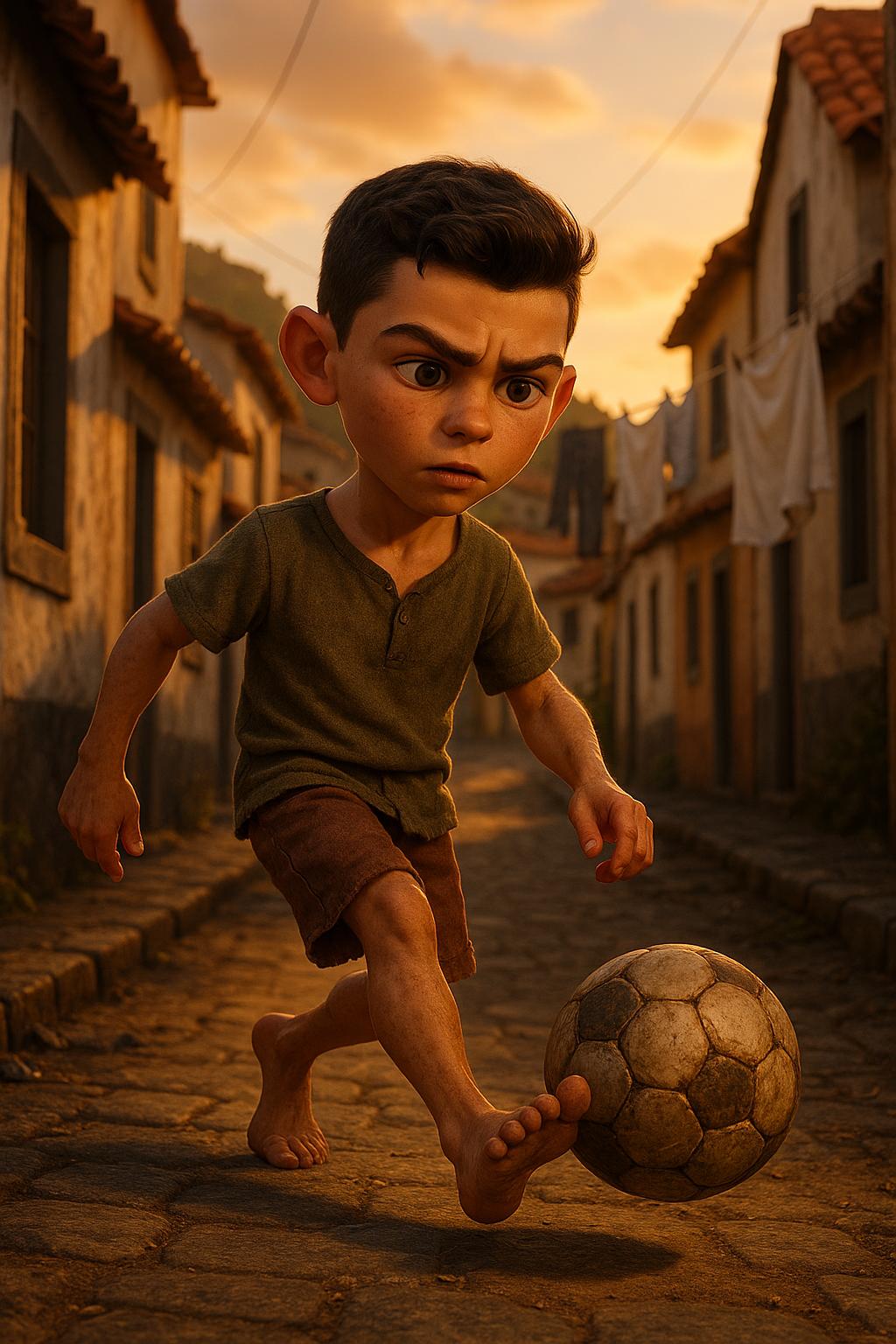 A cinematic 3D cartoon-realistic scene of a young Cristiano Ronaldo (around age 9) barefoot, kicking a worn-out football on a narrow street in Madeira. He's skinny, intense-eyed, and wearing old clothes. The background shows small island houses, laundry hanging, and the golden hour sunlight casting dramatic shadows. His facial structure should closely resemble a young Ronaldo. Realistic cartoon style.