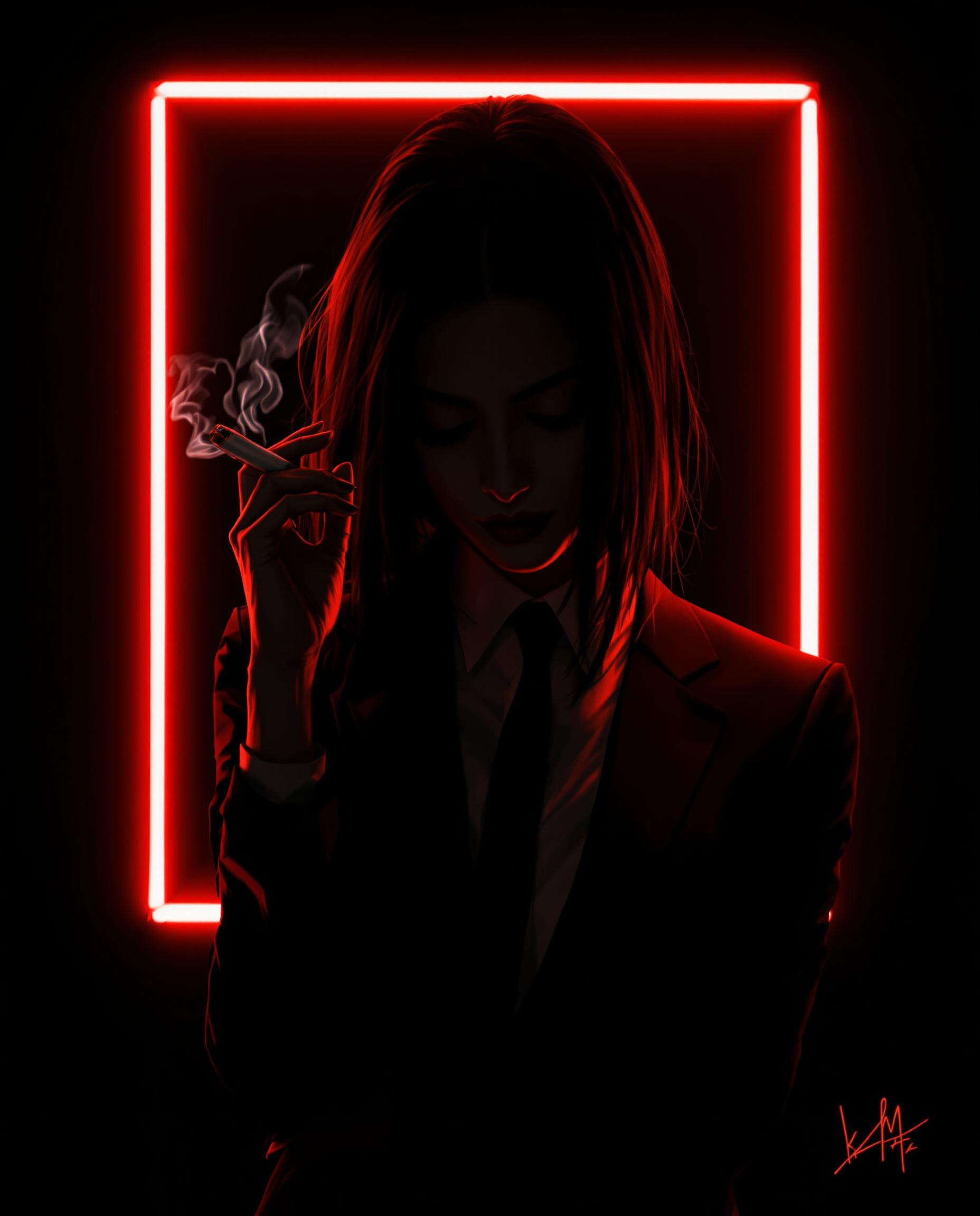 This image is a realistic photo (photograph) of a female real person digital artwork that features a stylized representation of a person. The art style is reminiscent of a digital illustration with a cinematic or perhaps a realism aesthetic, given the sharp contrasts and the use of lighting and shadow.The medium appears to be a digital painting, as evidenced by the smooth gradients and the lack of texture that one might expect from traditional mediums like oil or acrylic paints. The image has a high level of detail, from the individual strands of hair to the precise folds of the clothing.The colors are quite dramatic, with a predominance of black and white, punctuated by vibrant reds and oranges. The reds and oranges are used sparingly but effectively, creating a sense of depth and highlighting the subject against the dark background. The lighting in the image is also quite important, with a chiaroscuro effect that adds to the drama and intensity of the scene.The objects in the image are quite minimalistic. The subject is wearing a black suit with a white shirt and a black tie, which gives off a formal and somewhat mysterious vibe. The subject is holding a cigarette, which is a common trope in many types of art, often used to suggest a sense of rebellion or contemplation. The cigarette is the only object that is not part of the subjects clothing, and it stands out as a focal point in the composition.In the background, there is a neonlike glow emanating from a square shape, which adds to the overall atmosphere of the image. The glow is red, and it creates a stark contrast with the dark background, drawing the viewers attention to the subject.At the bottom of the image, there is a signature or logo that appears to be stylized text, which is likely the artists mark or the title of the piece.Overall, the image is a powerful and evocative piece that uses a combination of color, lighting, and composition to create a mood of mystery and intensity.