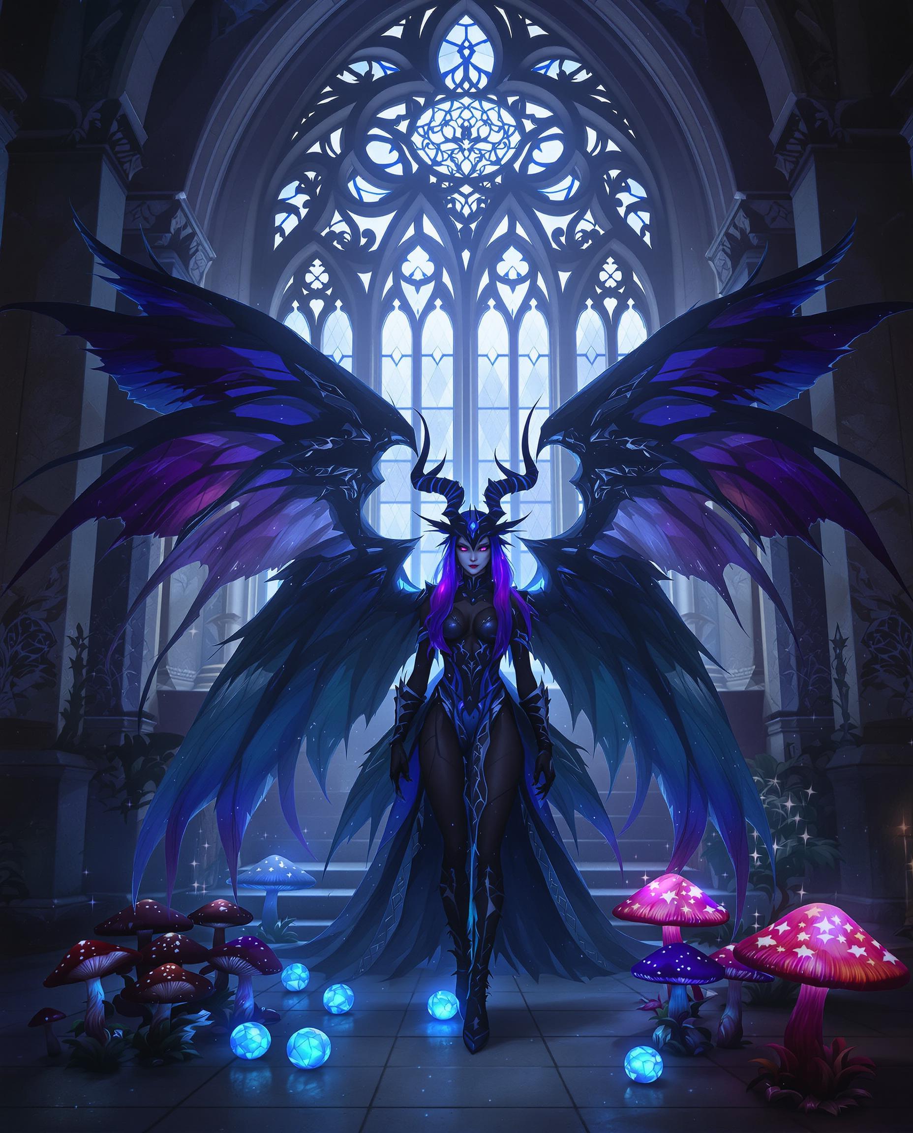 This is a realistic photo (photograph) of a female real person image that exudes a sense of fantasy and mystique. The art style is realistic, detailed costumes, and stylized characters. The medium appears to be digital painting, given the smooth blending of colors and the lack of texture that might be present in traditional mediums.The colors in the image are predominantly dark and moody, with a predominance of blues and blacks. These colors are complemented by the purples and blues in the characters hair and the glowing blue light that emanates from the objects in the scene. The use of these colors creates a sense of depth and adds to the overall atmosphere of the image.The objects in the image are numerous and contribute to the fantasy setting. At the forefront, we see a character with large, dark wings and a horned headpiece, suggesting that they might be a mythical creature or a character from a fantasy story. The character is dressed in a detailed costume with intricate patterns and designs, which adds to the overall aesthetic of the image.Behind the character, there is a grand, gothic window that bathes the scene in a soft, ethereal light. The window is ornately designed with floral and geometric patterns, and it seems to be made of stained glass, given the way the light filters through it. This window adds to the sense of grandeur and mystery in the scene.On the floor, there are several glowing orbs that emit a blue light, and there are also mushrooms that have a similar luminescence. These objects contribute to the magical and otherworldly feel of the image.Overall, the image is a rich tapestry of fantasy elements, from the characters costume and wings to the gothic window and magical orbs. The use of color and light amplifies the sense of mystery and otherworldliness, inviting the viewer into a world of fantasy and magic.