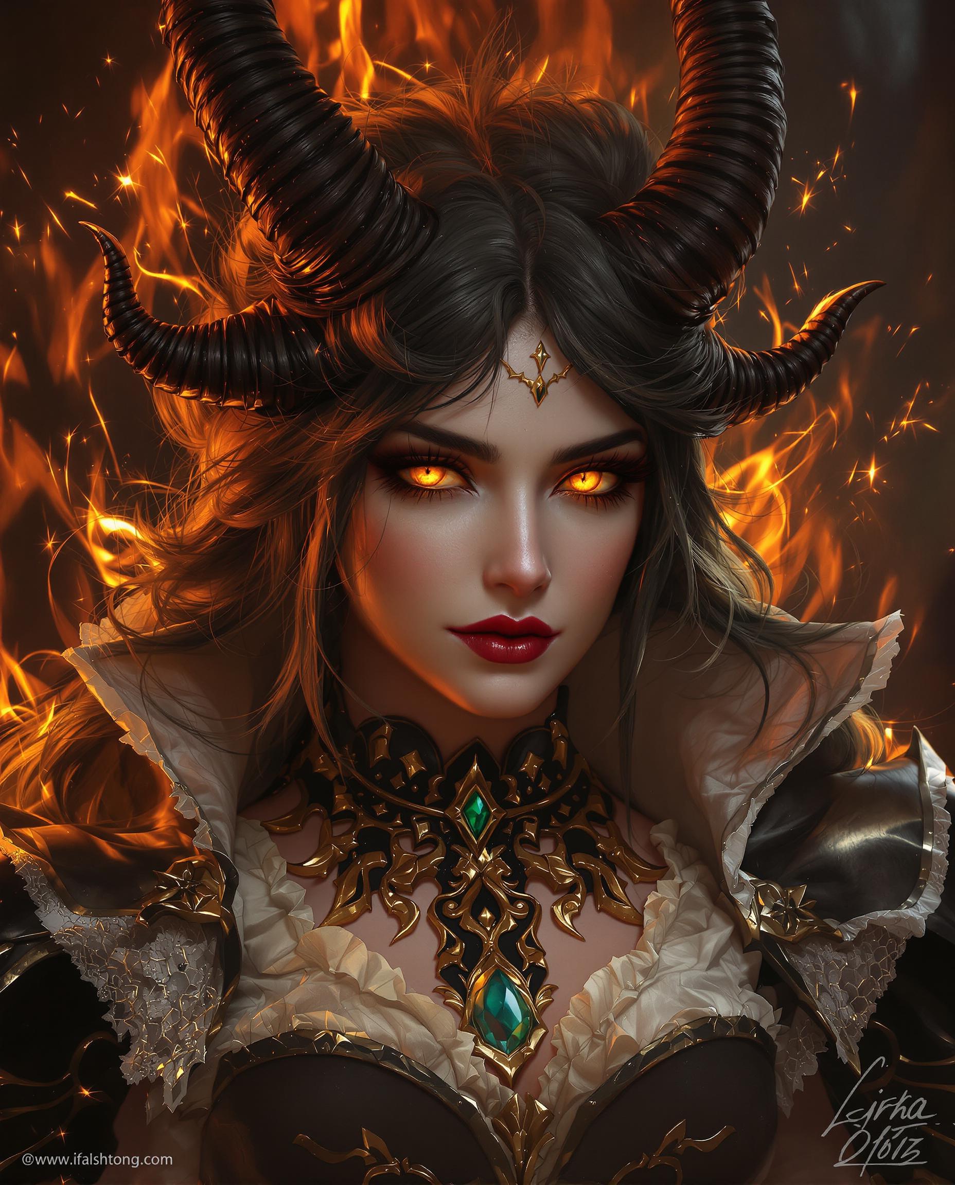 This is a realistic photo (photograph) of a female real person image that appears to be digitally created, showcasing a character with a fantasy aesthetic. The art style is realistic, with a focus on detailed character design and detailed colors.The medium seems to be a digital painting, given the smooth blending of colors and the lack of texture that might be present in a traditional painting. The lighting and shadows are expertly rendered, creating a sense of depth and realism.The colors in the image are rich and varied. The characters eyes are a striking shade of yellow, which stands out against the darker tones of the hair and the surrounding environment. The black and gold of the jewelry and armor provide a stark contrast, while the white and gold of the clothing add a touch of purity and elegance.The objects in the image include the characters detailed hair, adorned with horns that suggest a demonic or mythical nature. The jewelry, particularly the necklace with a green gemstone, adds to the fantasy theme. The clothing is intricate, with lace and ruffles that give a sense of delicate femininity. The background is fiery, with sparks and embers that contribute to the overall dramatic effect of the image.