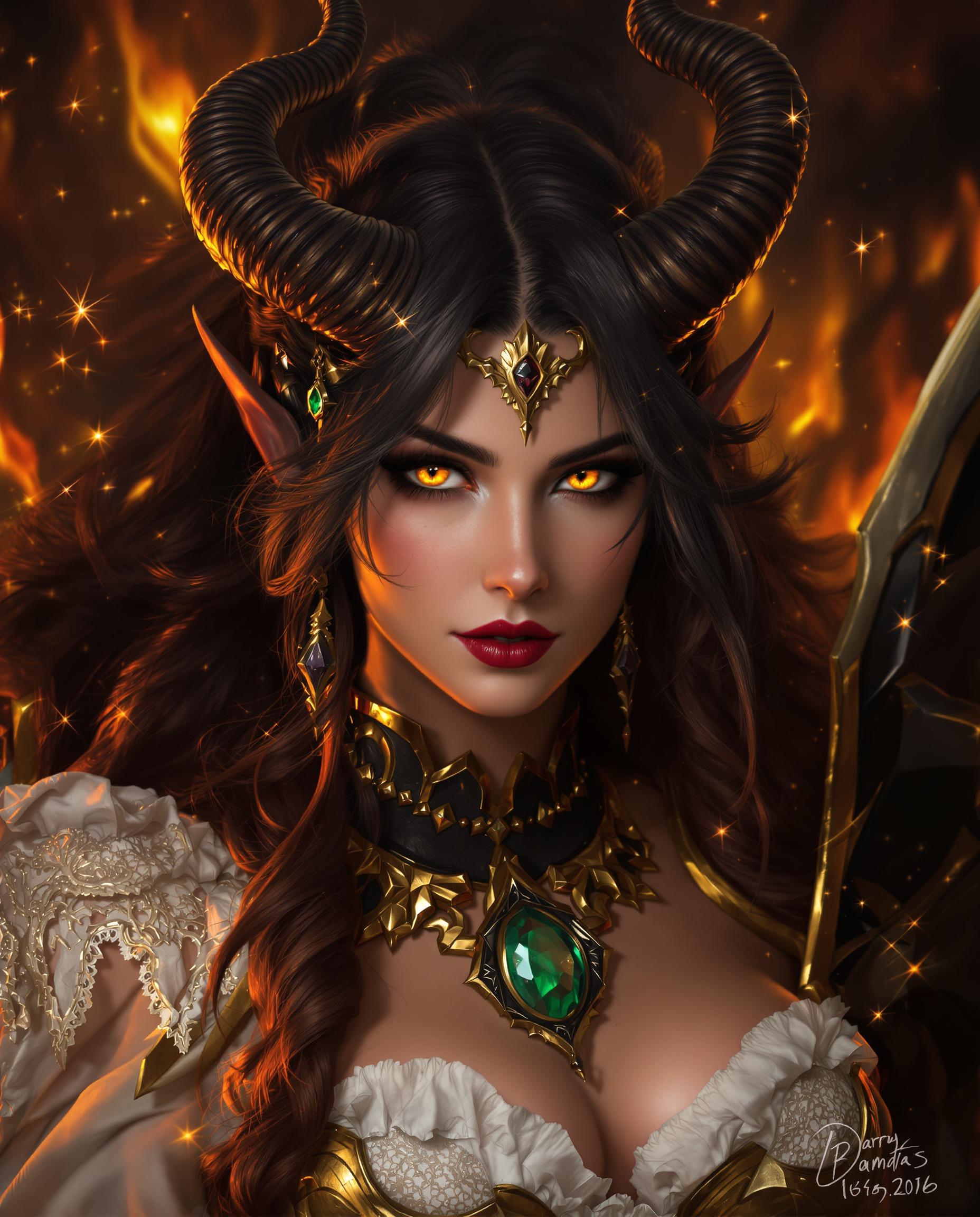This is a realistic photo (photograph) of a female real person image that appears to be digitally created, showcasing a character with a fantasy aesthetic. The art style is realistic, with a focus on detailed character design and detailed colors.The medium seems to be a digital painting, given the smooth blending of colors and the lack of texture that might be present in a traditional painting. The lighting and shadows are expertly rendered, creating a sense of depth and realism.The colors in the image are rich and varied. The characters eyes are a striking shade of yellow, which stands out against the darker tones of the hair and the surrounding environment. The black and gold of the jewelry and armor provide a stark contrast, while the white and gold of the clothing add a touch of purity and elegance.The objects in the image include the characters detailed hair, adorned with horns that suggest a demonic or mythical nature. The jewelry, particularly the necklace with a green gemstone, adds to the fantasy theme. The clothing is intricate, with lace and ruffles that give a sense of delicate femininity. The background is fiery, with sparks and embers that contribute to the overall dramatic effect of the image.