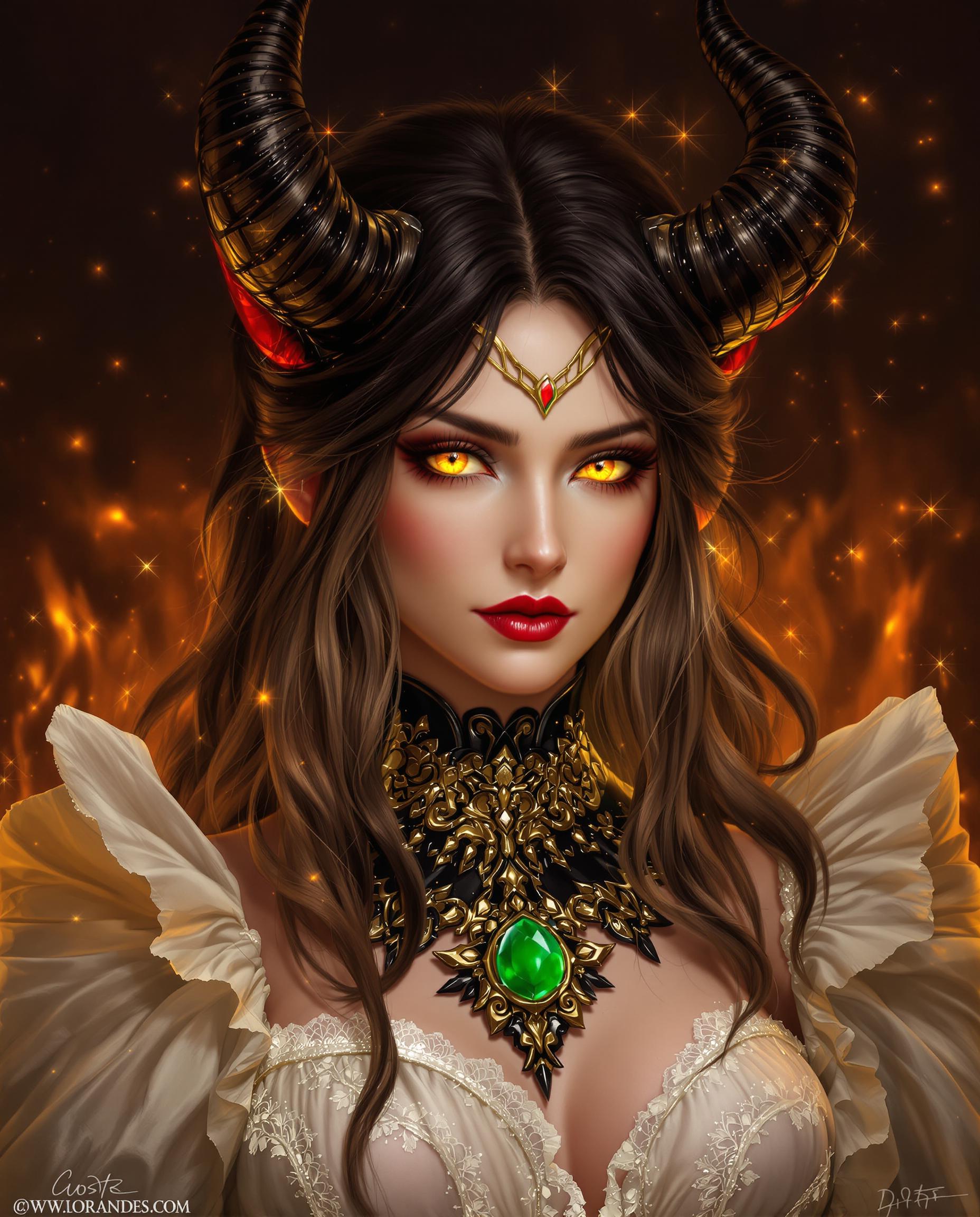 This is a realistic photo (photograph) of a female real person image that appears to be digitally created, showcasing a character with a fantasy aesthetic. The art style is realistic, with a focus on detailed character design and detailed colors.The medium seems to be a digital painting, given the smooth blending of colors and the lack of texture that might be present in a traditional painting. The lighting and shadows are expertly rendered, creating a sense of depth and realism.The colors in the image are rich and varied. The characters eyes are a striking shade of yellow, which stands out against the darker tones of the hair and the surrounding environment. The black and gold of the jewelry and armor provide a stark contrast, while the white and gold of the clothing add a touch of purity and elegance.The objects in the image include the characters detailed hair, adorned with horns that suggest a demonic or mythical nature. The jewelry, particularly the necklace with a green gemstone, adds to the fantasy theme. The clothing is intricate, with lace and ruffles that give a sense of delicate femininity. The background is fiery, with sparks and embers that contribute to the overall dramatic effect of the image.