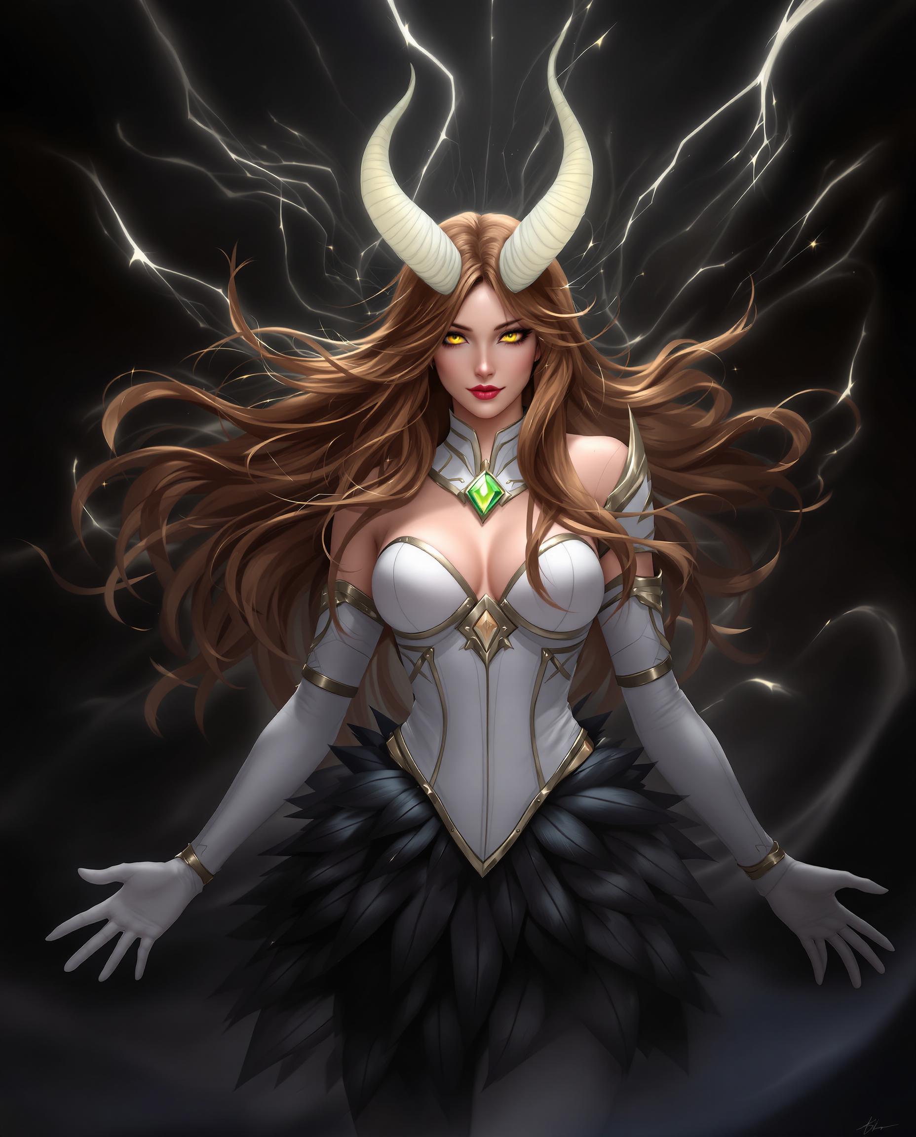 This is a realistic photo (photograph) of a female real person image that features a character with a striking presence, rendered in a style that is realistic. The medium appears to be digital, given the smooth gradients and the clarity of the details.The character is a female with long, flowing hair that cascades down her back and shoulders. The hair is a rich, chestnut brown with lighter highlights, and it seems to be caught in a gentle breeze, as evidenced by the way it flutters and the way the strands are illuminated by light.She has a pair of horns protruding from the top of her head, which are curved and taper to a point. The horns are a pale, almost translucent white, and they stand out against the darker tones of her hair.Her eyes are a vivid yellow, which is a striking contrast to the rest of her features. They are almondshaped and have a piercing gaze, which adds to the intensity of her expression.She is wearing a costume that is a mix of armor and dress, with a white bodice that has a high neckline and is adorned with a green gemstone in the center. The bodice is fitted and has a corsetlike design with gold trim, giving it a regal and somewhat formidable appearance.The skirt part of her costume is made of dark feathers, which are arranged in layers and give the impression of movement. The feathers are black with hints of gray, and they are detailed with a subtle iridescence that catches the light.She is also wearing long, white gloves that reach up to her elbows, and her hands are open and outstretched, as if she is either reaching out or gesturing.The background of the image is dark and moody, with swirling patterns and streaks of light that give the impression of chaos or magic. The colors are primarily dark shades of black and gray, with bursts of light that add depth and drama to the scene.Overall, the image is a powerful and dynamic portrayal of a character that exudes strength, mystery, and a touch of elegance. The use of light and shadow, along with the detailed rendering of textures and materials, brings the character to life and makes the scene feel both otherworldly and immersive.