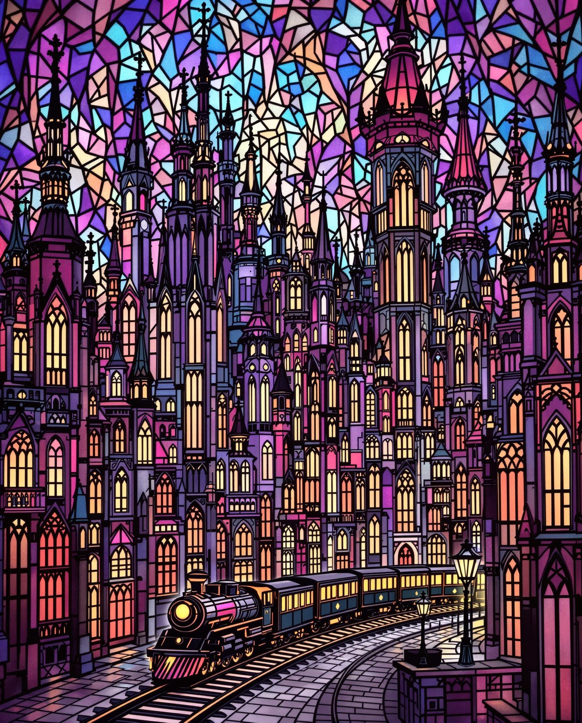 This image is a digital artwork that emulates the style of stained glass windows. The medium appears to be a digital painting or illustration, utilizing a technique that mimics the look of stained glass through the use of color and light. The art style is reminiscent of Art Nouveau, with its flowing lines and ornamental details.The colors in the image are rich and vibrant, predominantly in shades of purple, pink, blue, and orange. These colors are reminiscent of the warm tones that are often found in stained glass artwork, and they create a dreamy, ethereal atmosphere. The interplay of light and shadow is key to the effect, with the light sources appearing to be within the buildings and casting a glow on the surrounding structures.The objects in the image are a fantastical cityscape, with towering buildings that are reminiscent of gothic architecture. The buildings are intricate and detailed, with pointed arches, ornate spires, and elaborate windows. The city is bustling with activity, as evidenced by the lit windows and the presence of what appears to be a train track running through the foreground. The train adds a sense of movement and depth to the scene.The overall effect of the image is one of enchantment and mystery, inviting the viewer to imagine a world filled with such beauty and wonder. The stained glass technique used to create this artwork brings to mind the intricate and colorful windows found in cathedrals and churches, evoking a sense of spirituality and awe.