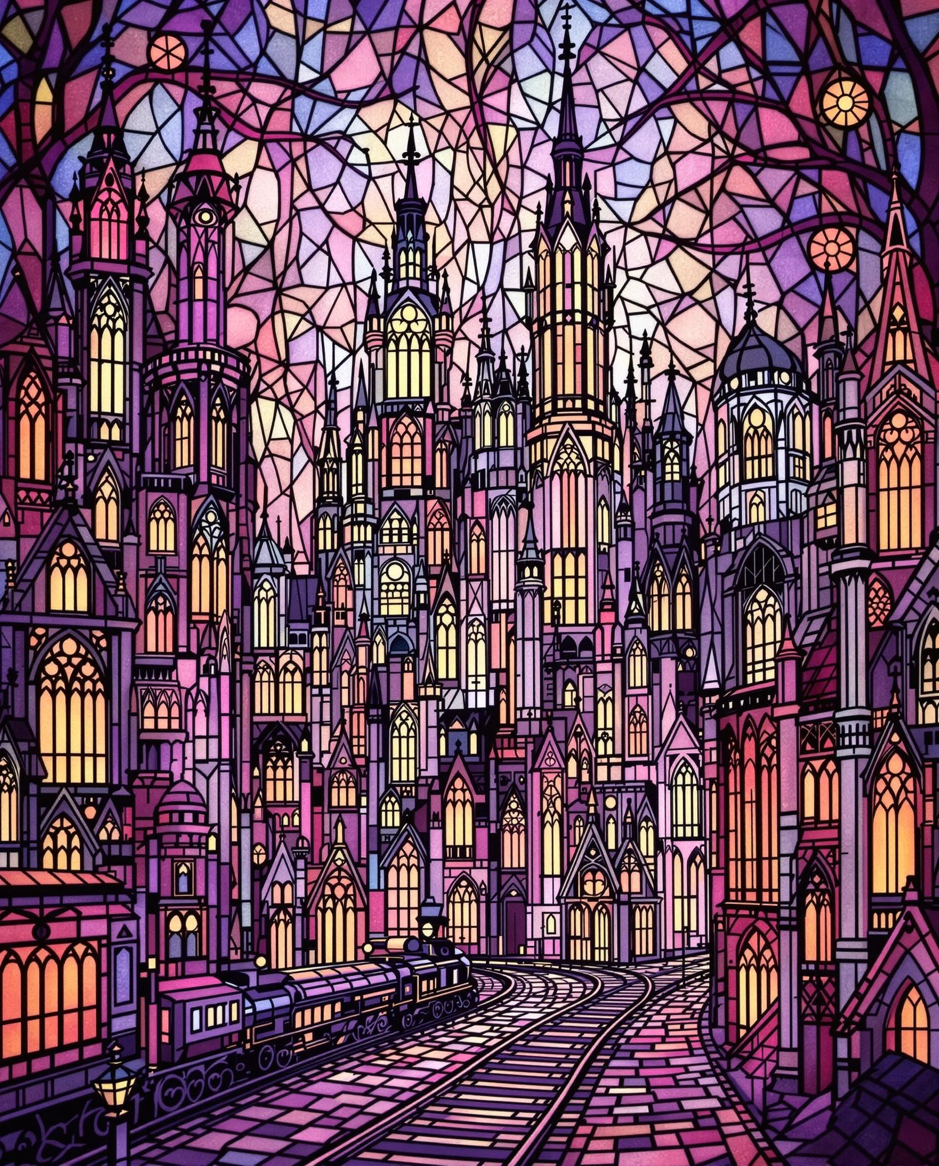 This image is a digital artwork that emulates the style of stained glass windows. The medium appears to be a digital painting or illustration, utilizing a technique that mimics the look of stained glass through the use of color and light. The art style is reminiscent of Art Nouveau, with its flowing lines and ornamental details.The colors in the image are rich and vibrant, predominantly in shades of purple, pink, blue, and orange. These colors are reminiscent of the warm tones that are often found in stained glass artwork, and they create a dreamy, ethereal atmosphere. The interplay of light and shadow is key to the effect, with the light sources appearing to be within the buildings and casting a glow on the surrounding structures.The objects in the image are a fantastical cityscape, with towering buildings that are reminiscent of gothic architecture. The buildings are intricate and detailed, with pointed arches, ornate spires, and elaborate windows. The city is bustling with activity, as evidenced by the lit windows and the presence of what appears to be a train track running through the foreground. The train adds a sense of movement and depth to the scene.The overall effect of the image is one of enchantment and mystery, inviting the viewer to imagine a world filled with such beauty and wonder. The stained glass technique used to create this artwork brings to mind the intricate and colorful windows found in cathedrals and churches, evoking a sense of spirituality and awe.
