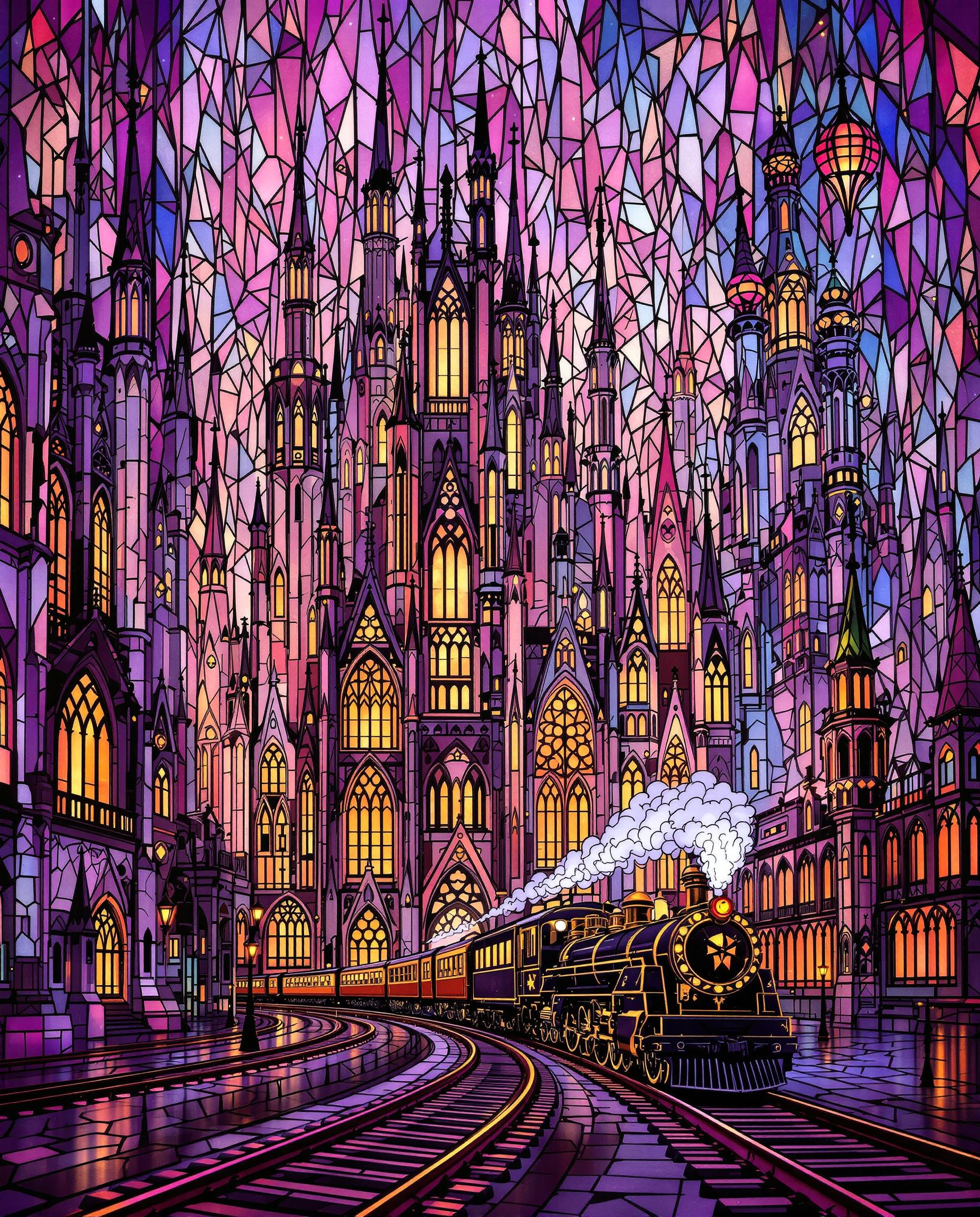 This image is a digital artwork that emulates the style of stained glass windows. The medium appears to be a digital painting or illustration, utilizing a technique that mimics the look of stained glass through the use of color and light. The art style is reminiscent of realism, with its flowing lines and ornamental details.The colors in the image are rich and vibrant, predominantly in shades of purple, pink, blue, and orange. These colors are reminiscent of the warm tones that are often found in stained glass artwork, and they create a dreamy, ethereal atmosphere. The interplay of light and shadow is key to the effect, with the light sources appearing to be within the buildings and casting a glow on the surrounding structures.The objects in the image are a fantastical cityscape, with towering buildings that are reminiscent of gothic architecture. The buildings are intricate and detailed, with pointed arches, ornate spires, and elaborate windows. The city is bustling with activity, as evidenced by the lit windows and the presence of what appears to be a train track running through the foreground. The train adds a sense of movement and depth to the scene.The overall effect of the image is one of enchantment and mystery, inviting the viewer to imagine a world filled with such beauty and wonder. The stained glass technique used to create this artwork brings to mind the intricate and colorful windows found in cathedrals and churches, evoking a sense of spirituality and awe.