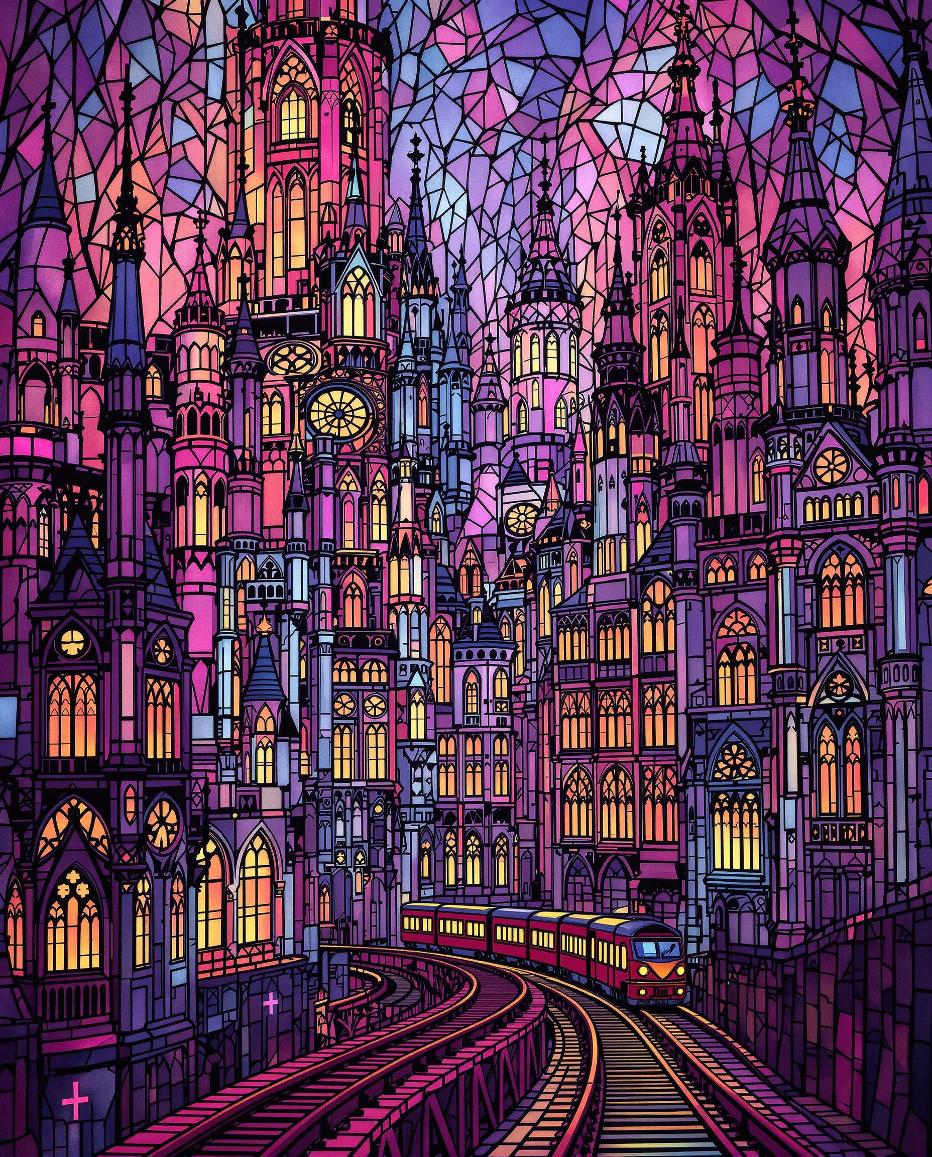 This image is a digital artwork that emulates the style of stained glass windows. The medium appears to be a digital painting or illustration, utilizing a technique that mimics the look of stained glass through the use of color and light. The art style is reminiscent of realism, with its flowing lines and ornamental details.The colors in the image are rich and vibrant, predominantly in shades of purple, pink, blue, and orange. These colors are reminiscent of the warm tones that are often found in stained glass artwork, and they create a dreamy, ethereal atmosphere. The interplay of light and shadow is key to the effect, with the light sources appearing to be within the buildings and casting a glow on the surrounding structures.The objects in the image are a fantastical cityscape, with towering buildings that are reminiscent of gothic architecture. The buildings are intricate and detailed, with pointed arches, ornate spires, and elaborate windows. The city is bustling with activity, as evidenced by the lit windows and the presence of what appears to be a train track running through the foreground. The train adds a sense of movement and depth to the scene.The overall effect of the image is one of enchantment and mystery, inviting the viewer to imagine a world filled with such beauty and wonder. The stained glass technique used to create this artwork brings to mind the intricate and colorful windows found in cathedrals and churches, evoking a sense of spirituality and awe.