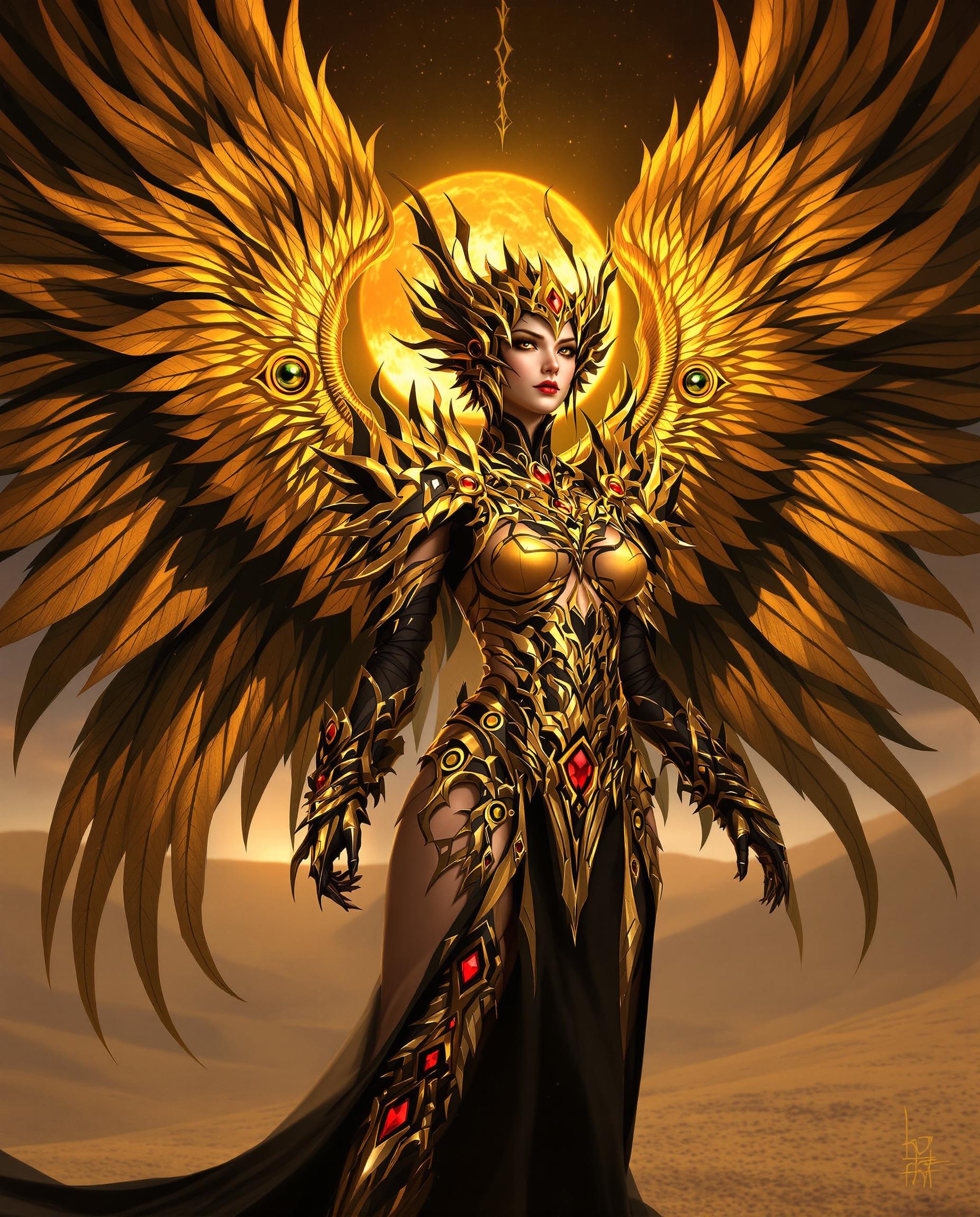 This is a realistic photo (photograph) of a female real person image that features a character with a highly stylized and fantastical appearance. The art style is realistic, with a focus on high quality line work, smooth shading, and a detailed colors.The medium appears to be digital painting, given the smooth blending of colors and the lack of texture that might be present in traditional mediums like oil or watercolor.The colors in the image are rich and dynamic, with a predominance of gold and black, which gives the character a regal and somewhat ominous presence. The gold is depicted with a high level of detail, with intricate patterns and highlights that catch the light, giving the wings and armor a threedimensional quality. The black is used for the characters clothing and the background, which contrasts sharply with the gold, drawing the eye to the figure.The objects in the image are primarily the characters wings and armor. The wings are expansive and ornate, with featherlike patterns and circular motifs that resemble eyes, giving them a sense of intelligence and power. The armor is equally elaborate, with a mix of organic and mechanical elements, and is adorned with red jewels that stand out against the gold, adding a pop of color to the otherwise monochromatic scheme.The background of the image is sparse, with just a few hints of a desert landscape, which focuses the viewers attention on the character. The lighting in the image is dramatic, with the sun casting a warm glow on the character, creating a play of light and shadow that adds depth and dimension to the scene.Overall, the image exudes a sense of fantasy, power, and elegance, with a strong emphasis on the characters detailed design and the interplay of light and color.