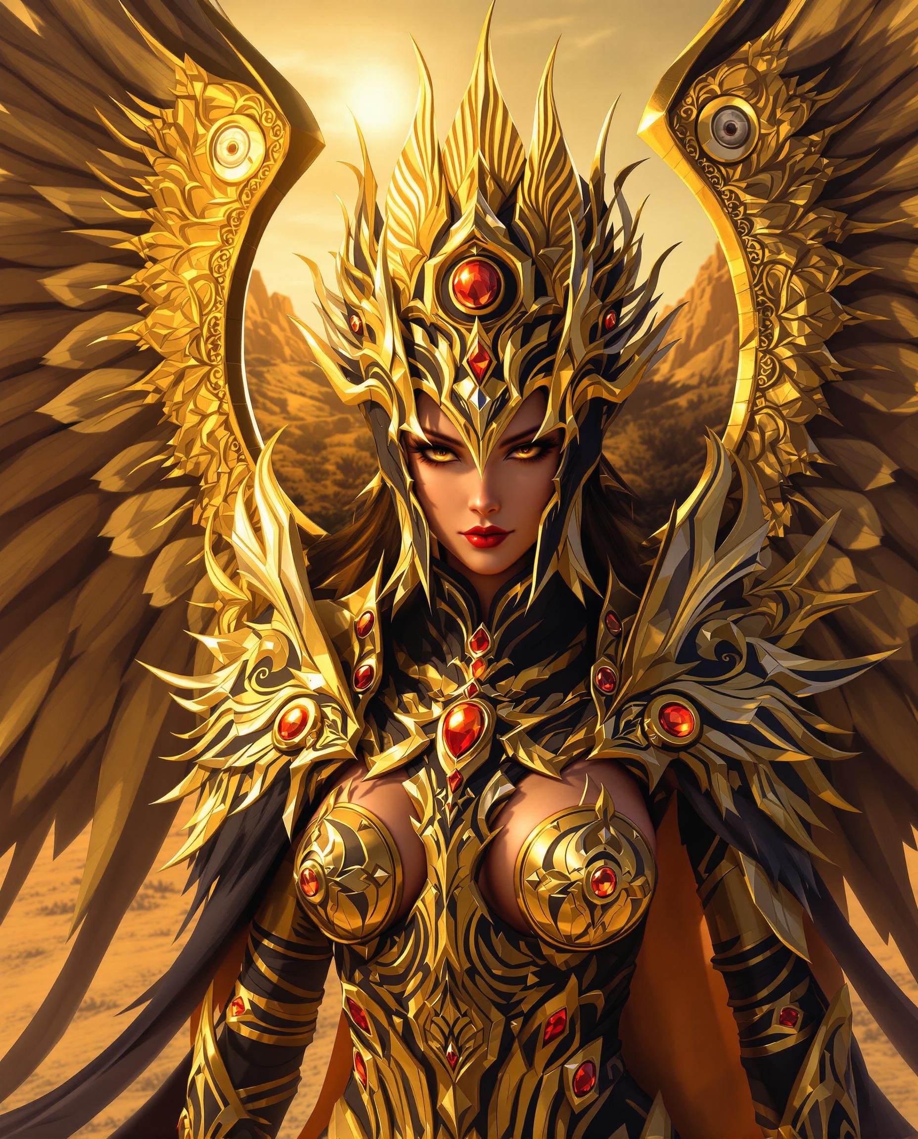 This is a realistic photo (photograph) of a female real person image that features a character with a highly stylized and fantastical appearance. The art style is realistic, with a focus on high quality line work, smooth shading, and a detailed colors.The medium appears to be digital painting, given the smooth blending of colors and the lack of texture that might be present in traditional mediums like oil or watercolor.The colors in the image are rich and dynamic, with a predominance of gold and black, which gives the character a regal and somewhat ominous presence. The gold is depicted with a high level of detail, with intricate patterns and highlights that catch the light, giving the wings and armor a threedimensional quality. The black is used for the characters clothing and the background, which contrasts sharply with the gold, drawing the eye to the figure.The objects in the image are primarily the characters wings and armor. The wings are expansive and ornate, with featherlike patterns and circular motifs that resemble eyes, giving them a sense of intelligence and power. The armor is equally elaborate, with a mix of organic and mechanical elements, and is adorned with red jewels that stand out against the gold, adding a pop of color to the otherwise monochromatic scheme.The background of the image is sparse, with just a few hints of a desert landscape, which focuses the viewers attention on the character. The lighting in the image is dramatic, with the sun casting a warm glow on the character, creating a play of light and shadow that adds depth and dimension to the scene.Overall, the image exudes a sense of fantasy, power, and elegance, with a strong emphasis on the characters detailed design and the interplay of light and color.