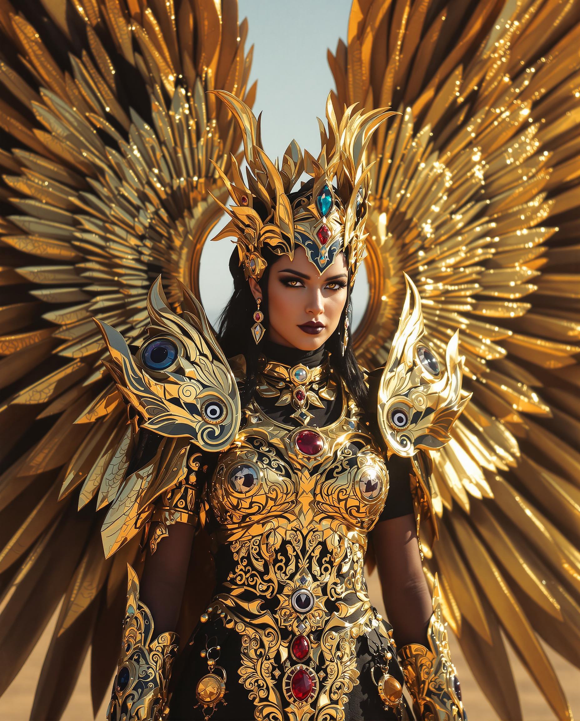 A close-up photorealistic DSLR photograph of a regal female figure in elaborate golden armor and expansive ornate wings with featherlike patterns and eye-like circular motifs, her black clothing contrasting sharply against the gold accented by red jewels, set against a sparse desert landscape under dramatic sunlight casting warm glows and deep shadows for a three-dimensional effect, captured with a 50mm lens, shallow depth of field, cinematic lighting, and ultra-high 8K resolution.